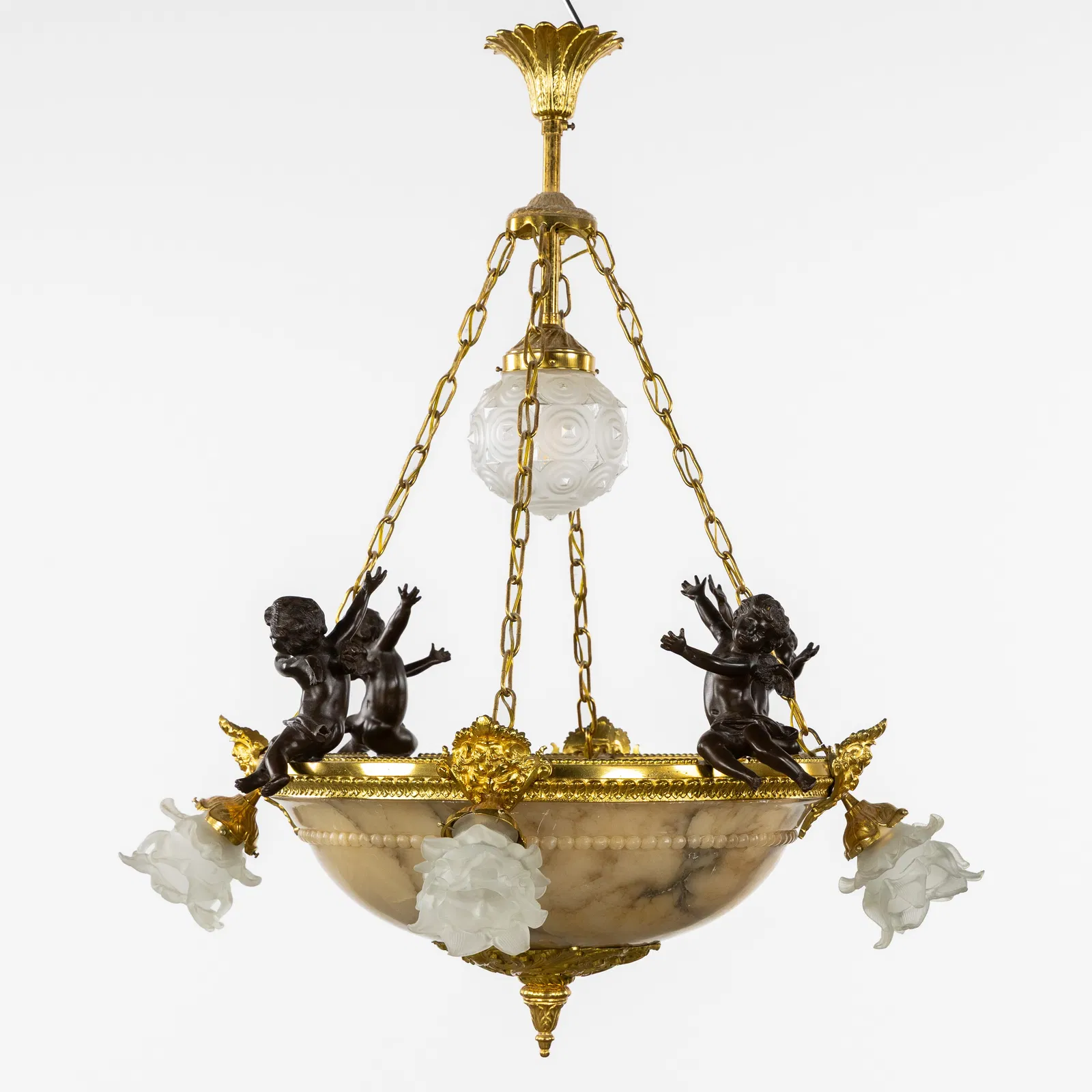 A Bronze Chandelier with an Alabaster Bowl, mounted with Putti, France, circa 1900-1920.