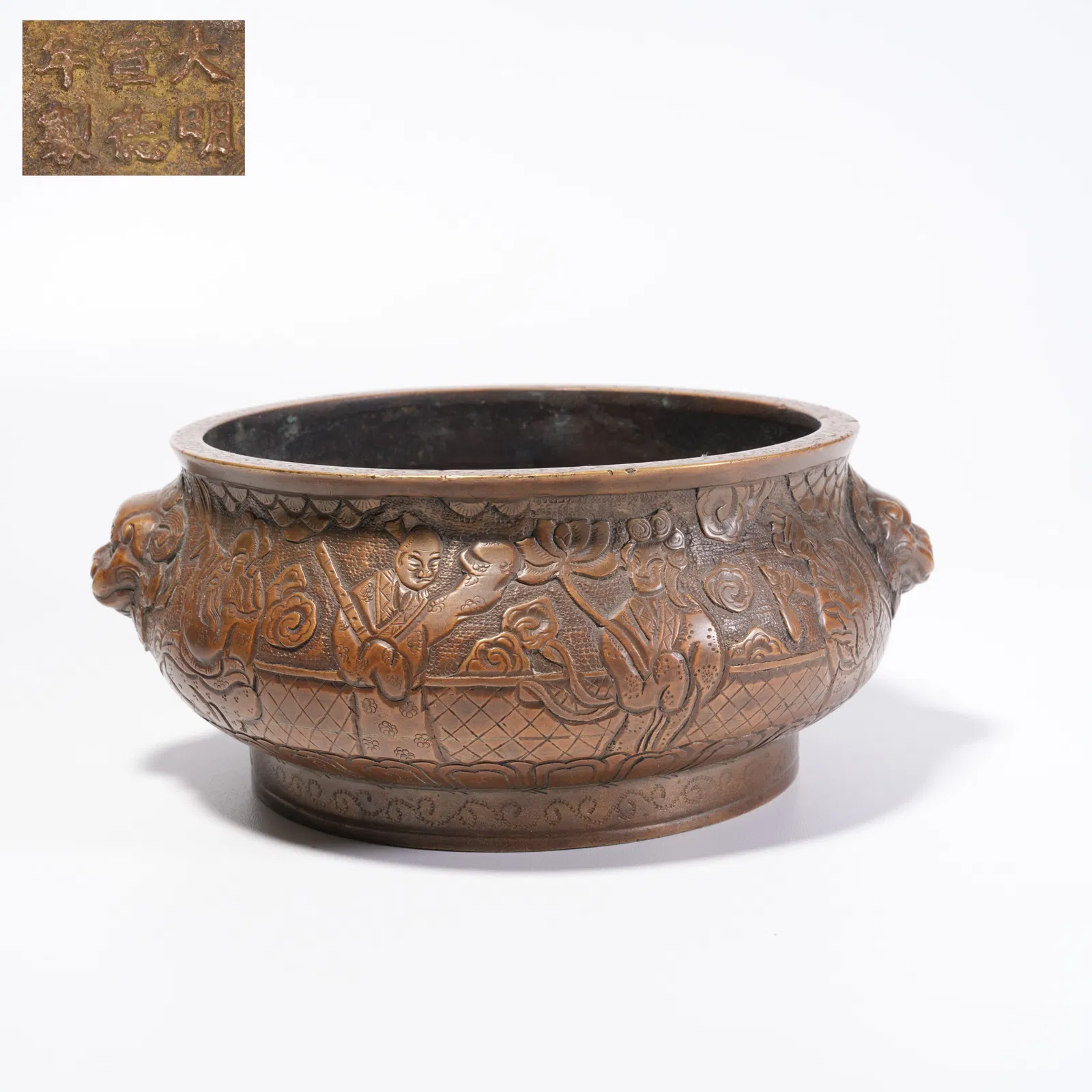 A BRONZE DOUBLE-BEAST-HANDLED CENSER WITH EIGHT IMMORTALS PATTERN