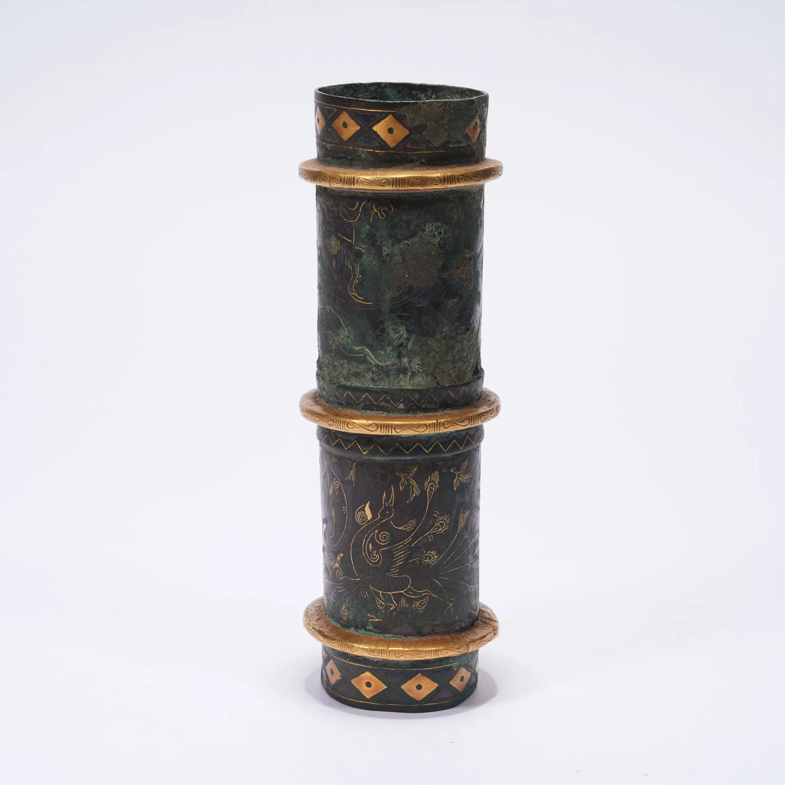 A BRONZE FITTINGS WITH GOLD INLAY
