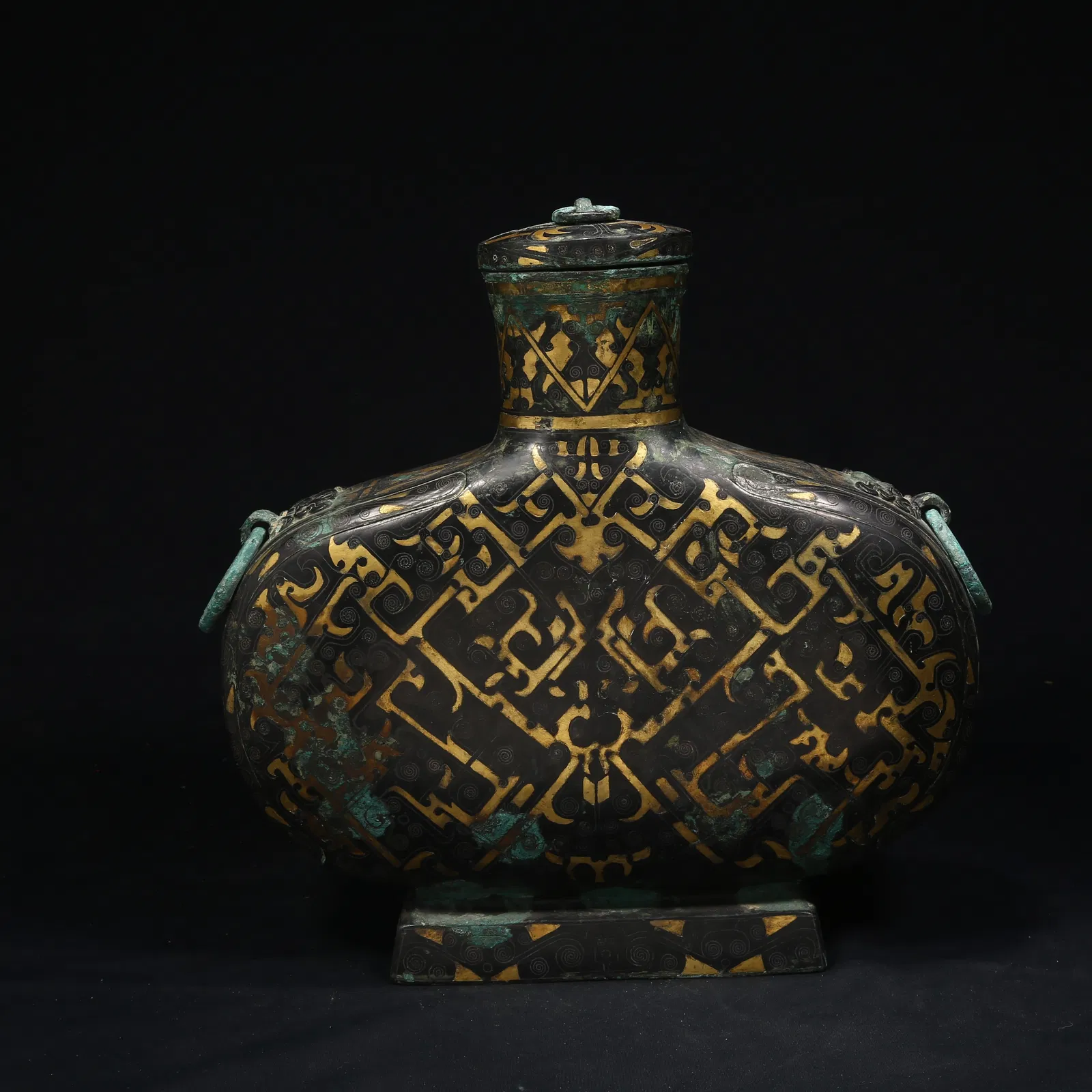 A BRONZE FLATTENED FLASK WITH GOLD AND SILVER INLAY