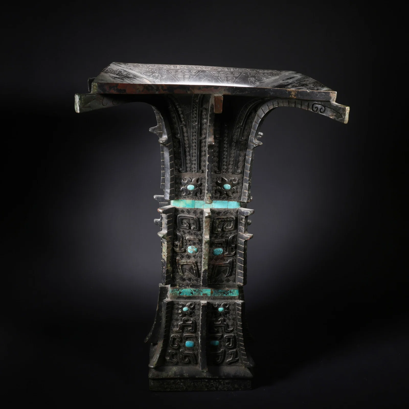 A BRONZE LARGE FANG ZUN VASE INLAID WITH TURQUOISE