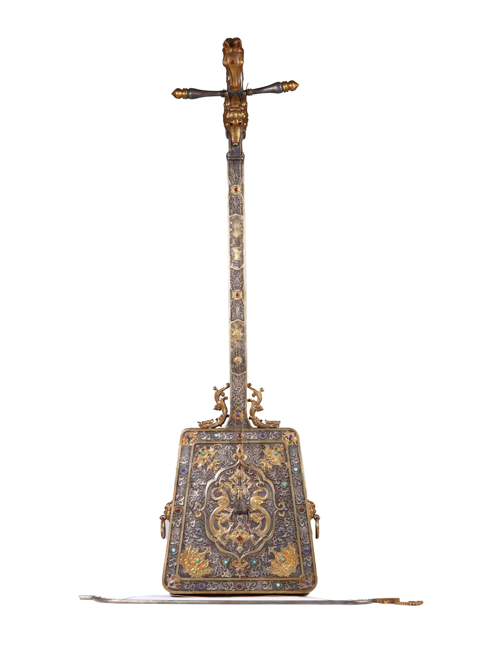 A BRONZE PARTLY GILT MUSIC INSTRUMENT QIN