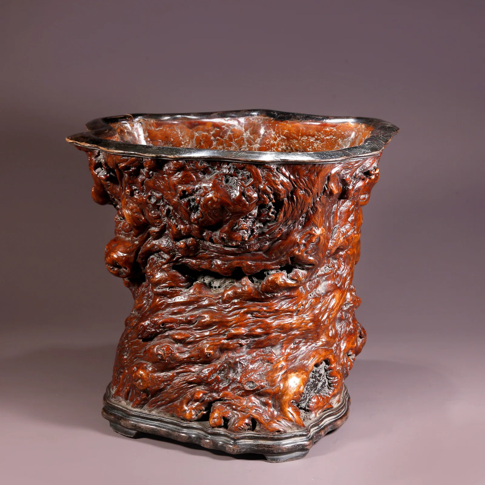 A BURL WOOD BRUSH POT