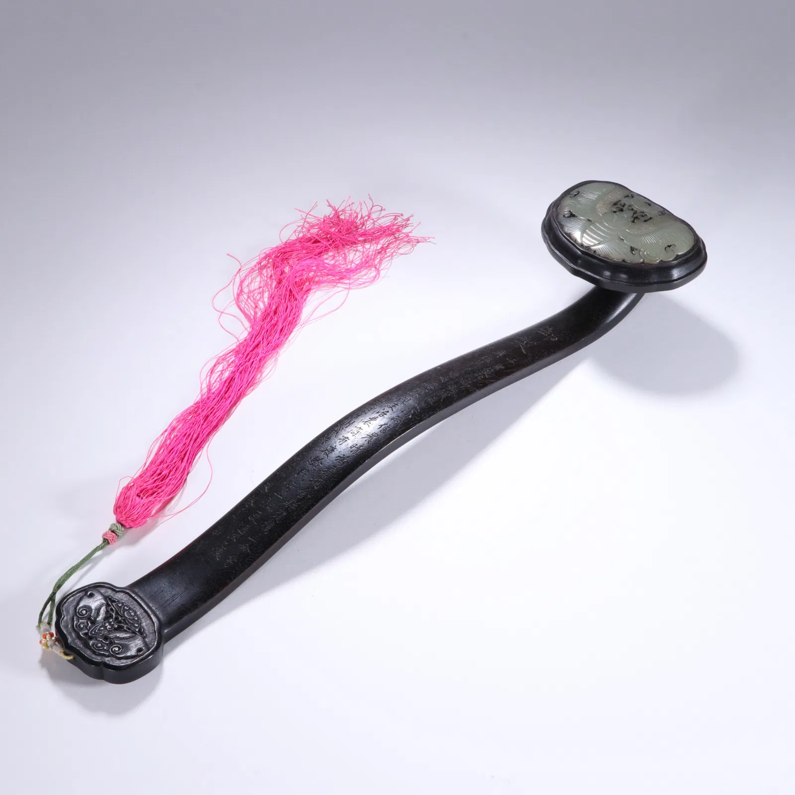 A CARVED JADE PLAQUES INLAID ROSEWOOD ZITAN RUYI SCEPTER