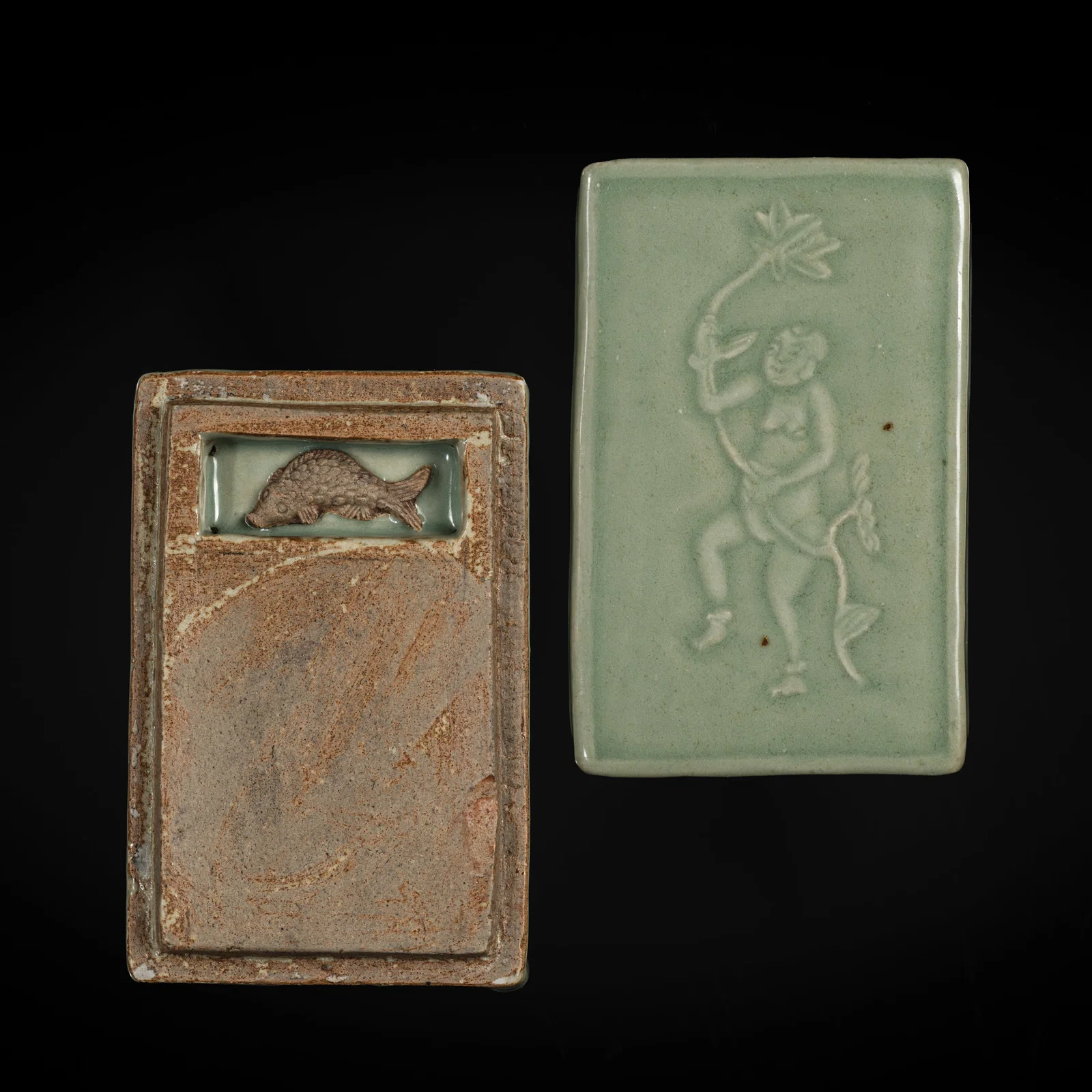 A CARVED LONGQUAN CELADON 'BOY AND LOTUS' INKSTONE AND COVER, YUAN DYNASTY