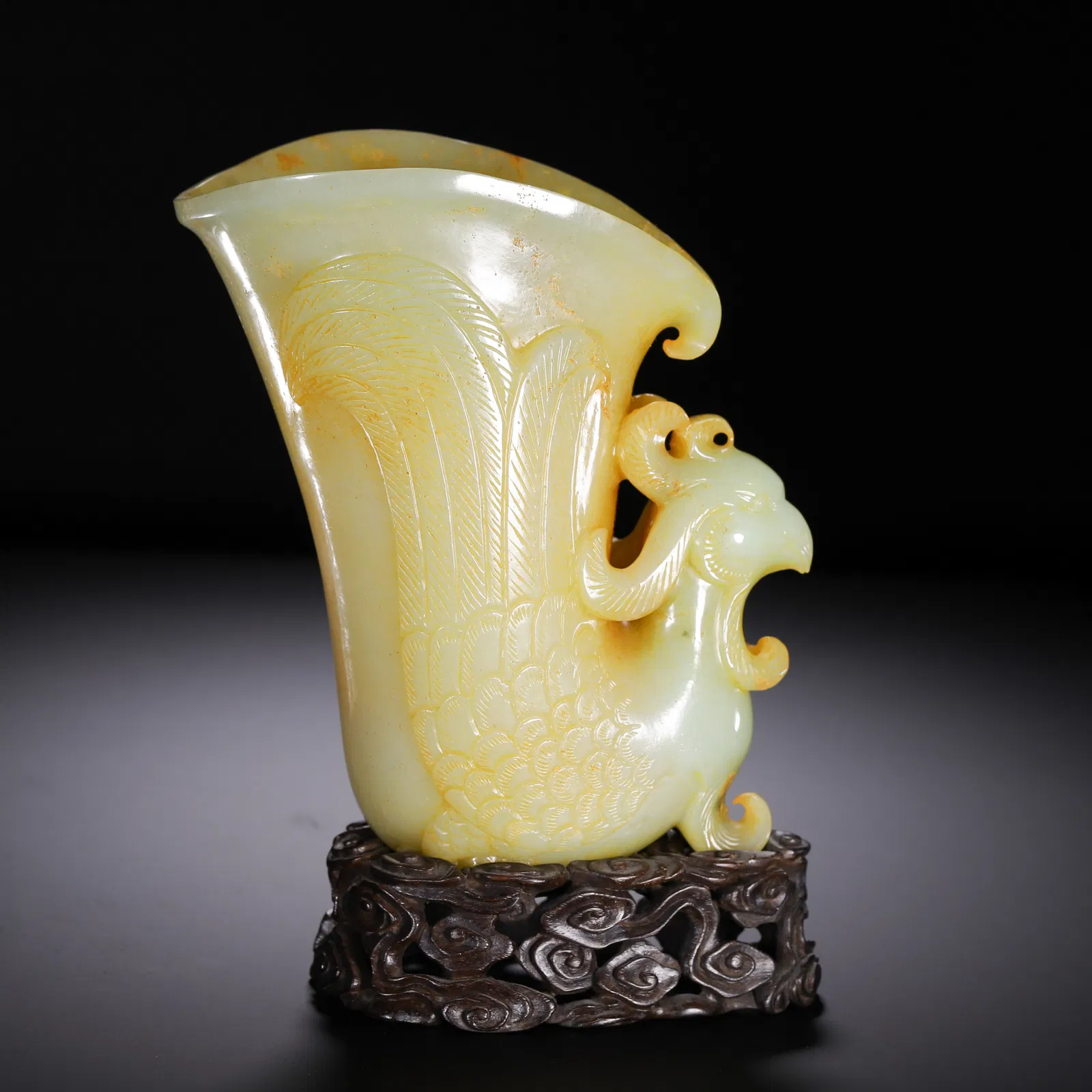 A CARVED YELLOW JADE PHOENIX CUP