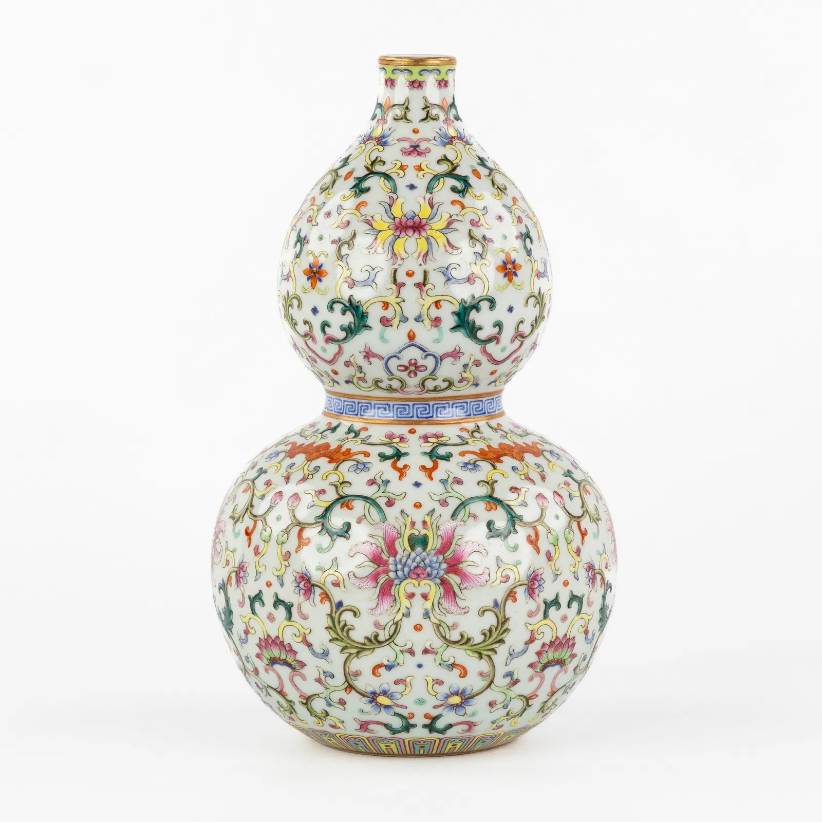 A Chinese 'Bajixiang' Double Gourd Vase, Famille Rose, Qianlong marked.