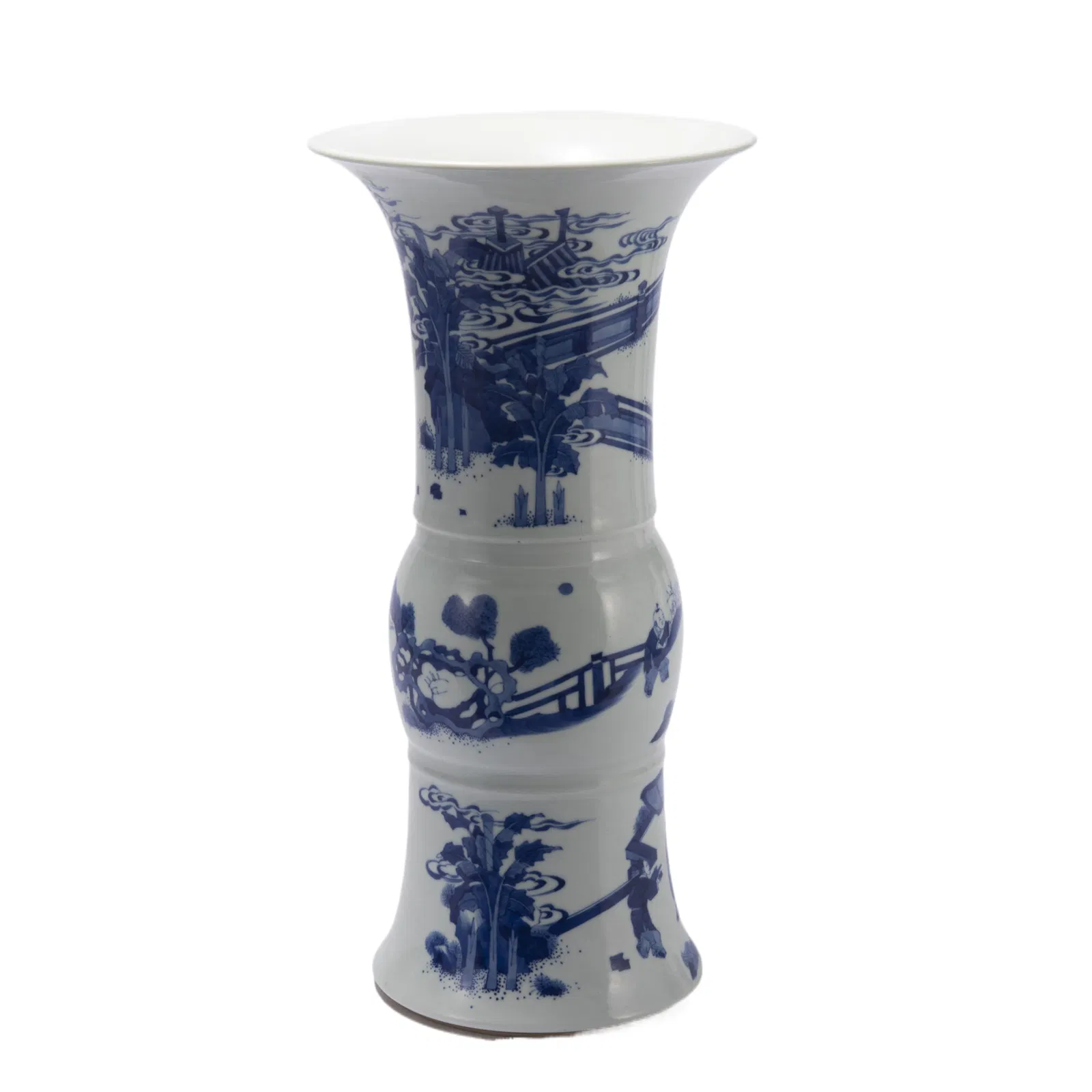 A CHINESE BLUE AND WHITE BEAKER VASE GU