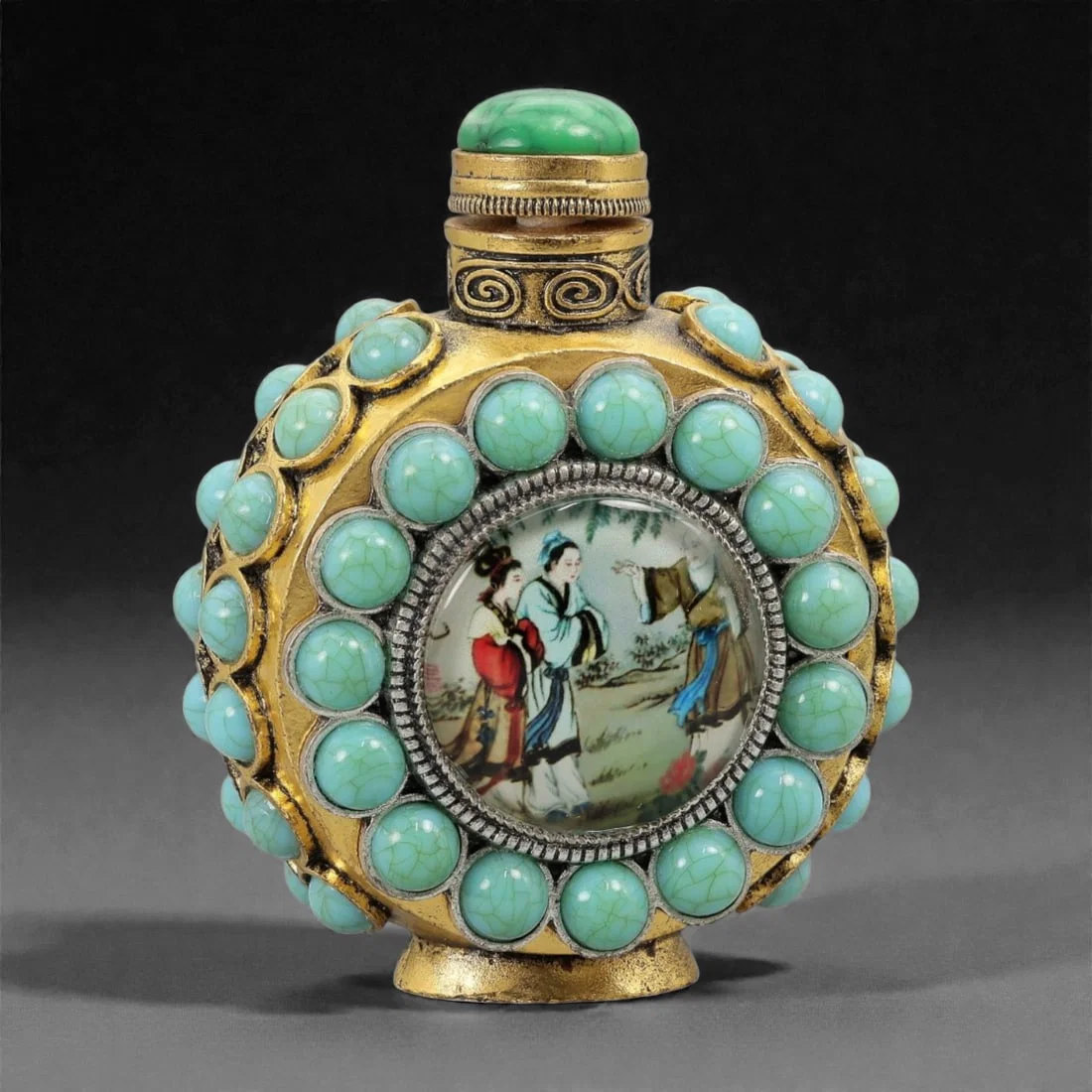 A Chinese Brass-Mounted Snuff Bottle with Figural Insert, 20th Century, 24FG
