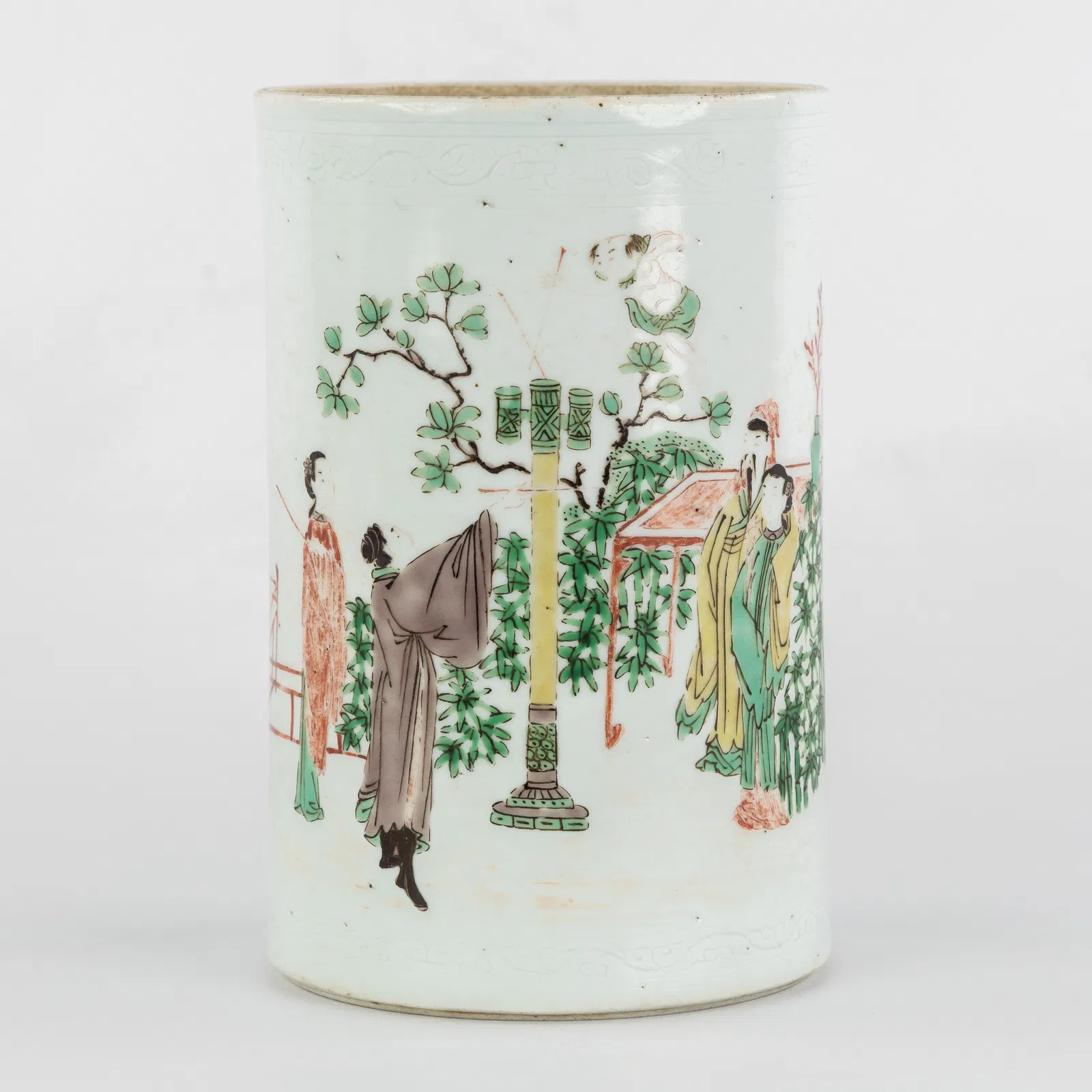 A Chinese Brush pot or Bitong, Famille Verte, decorated with a Touhu scene.