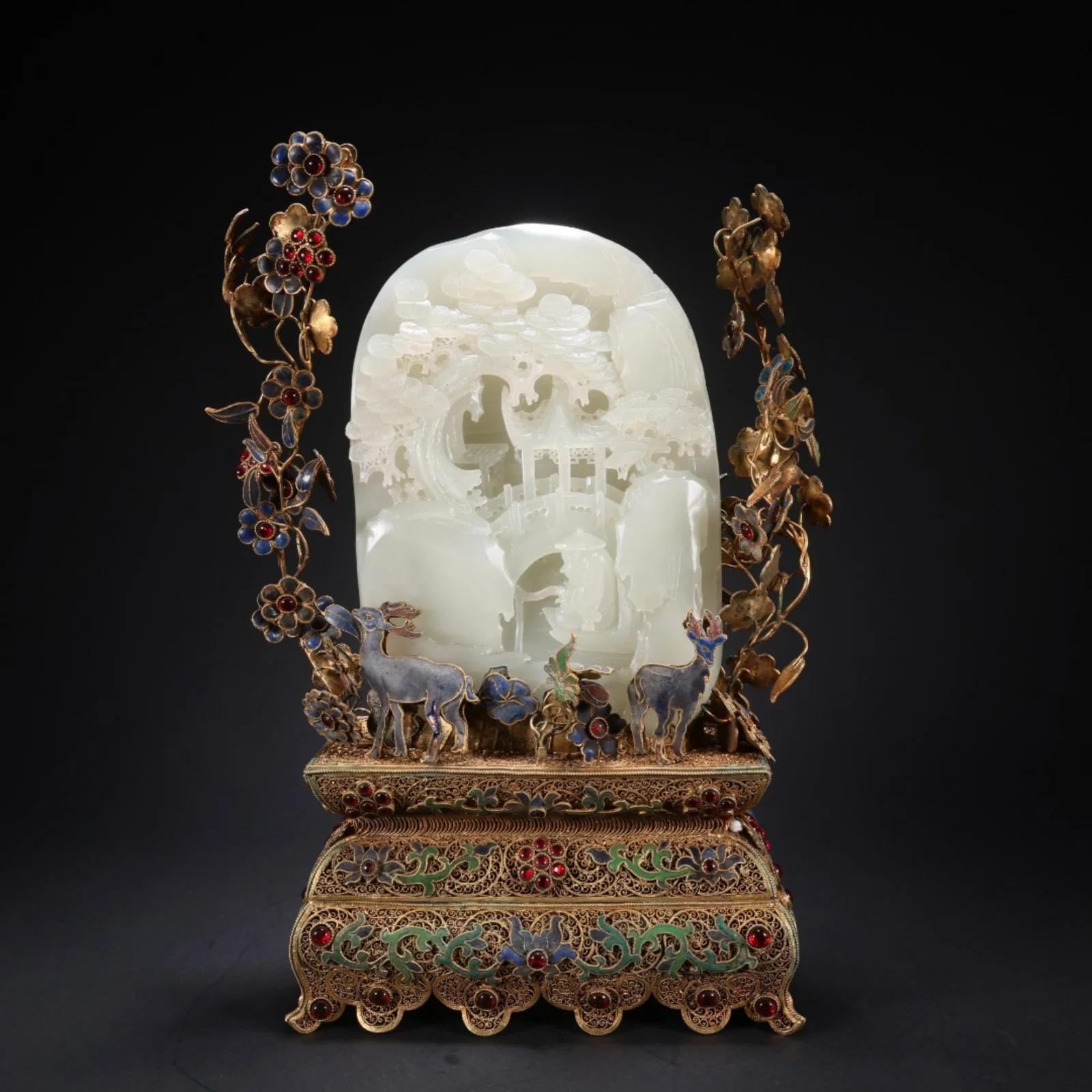 A Chinese Carved Jade Boulder Decoration with Gilt Silver Stand