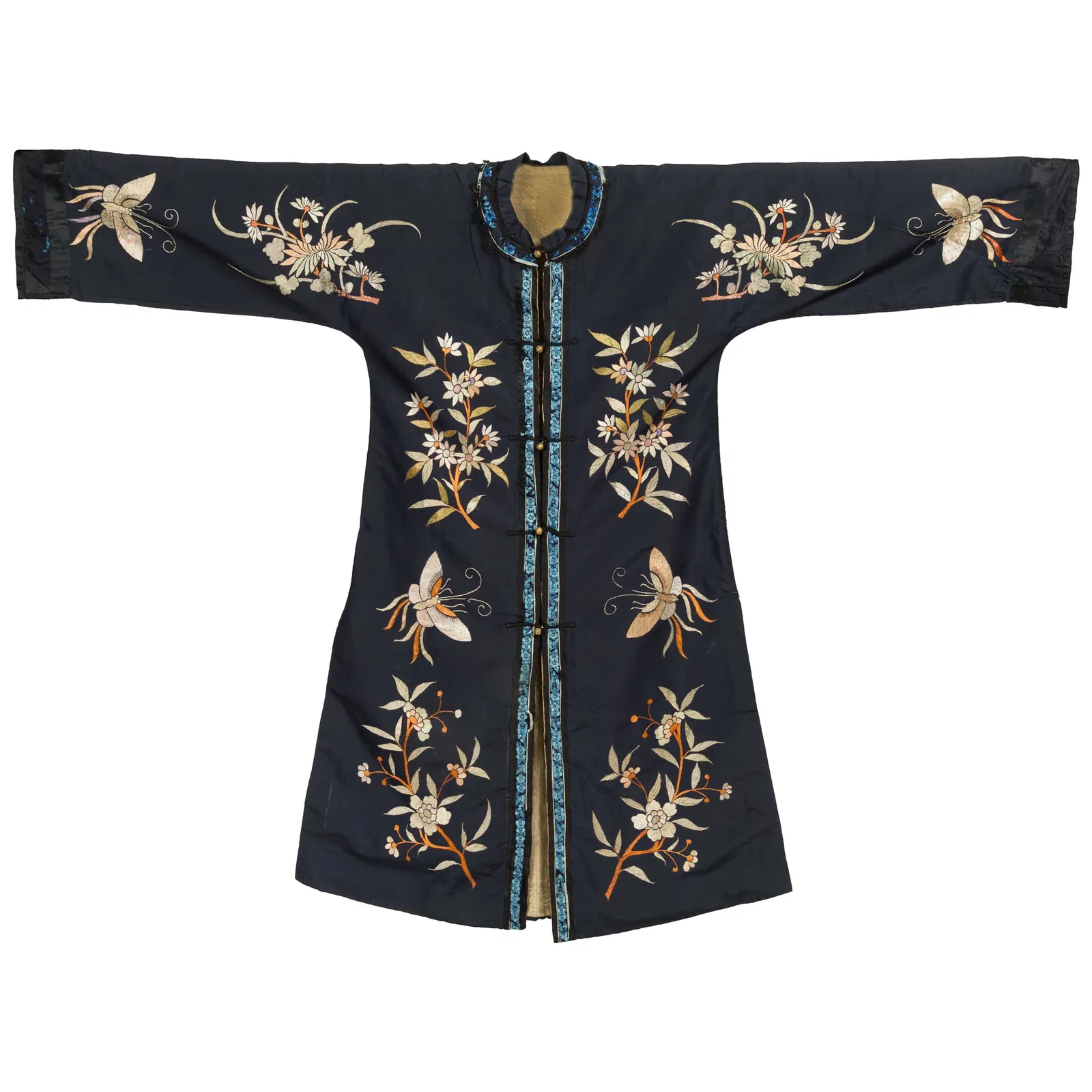 A Chinese dark blue-ground embroidered 'floral' lady's coat, 19th century
