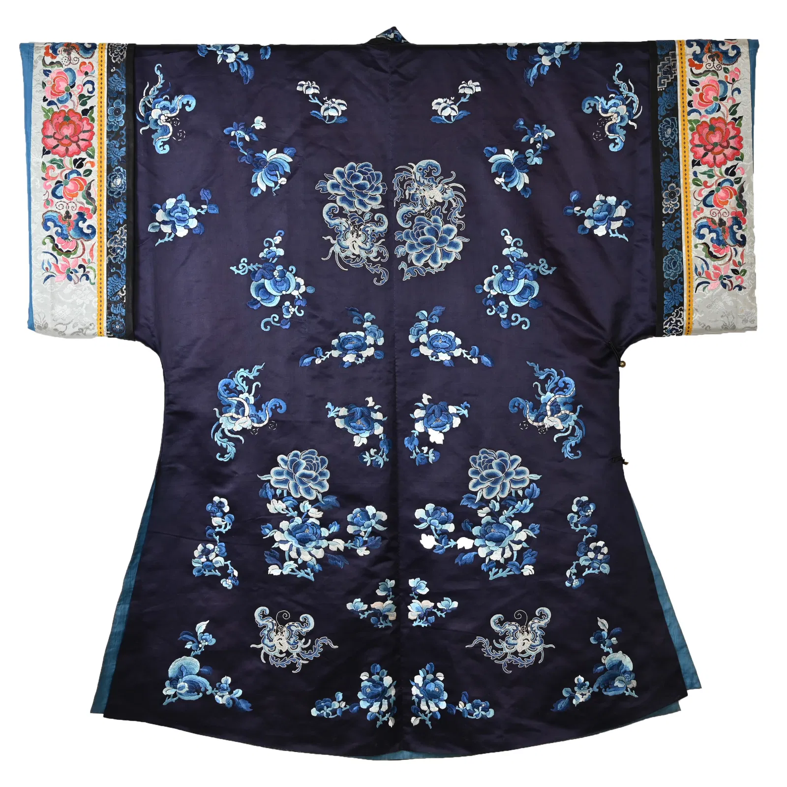 A CHINESE EMBROIDERED DARK BLUE SILK ROBE AND A CHILD'S BLACK SILK WAISTCOAT, 19/20TH CENTURY, LATE