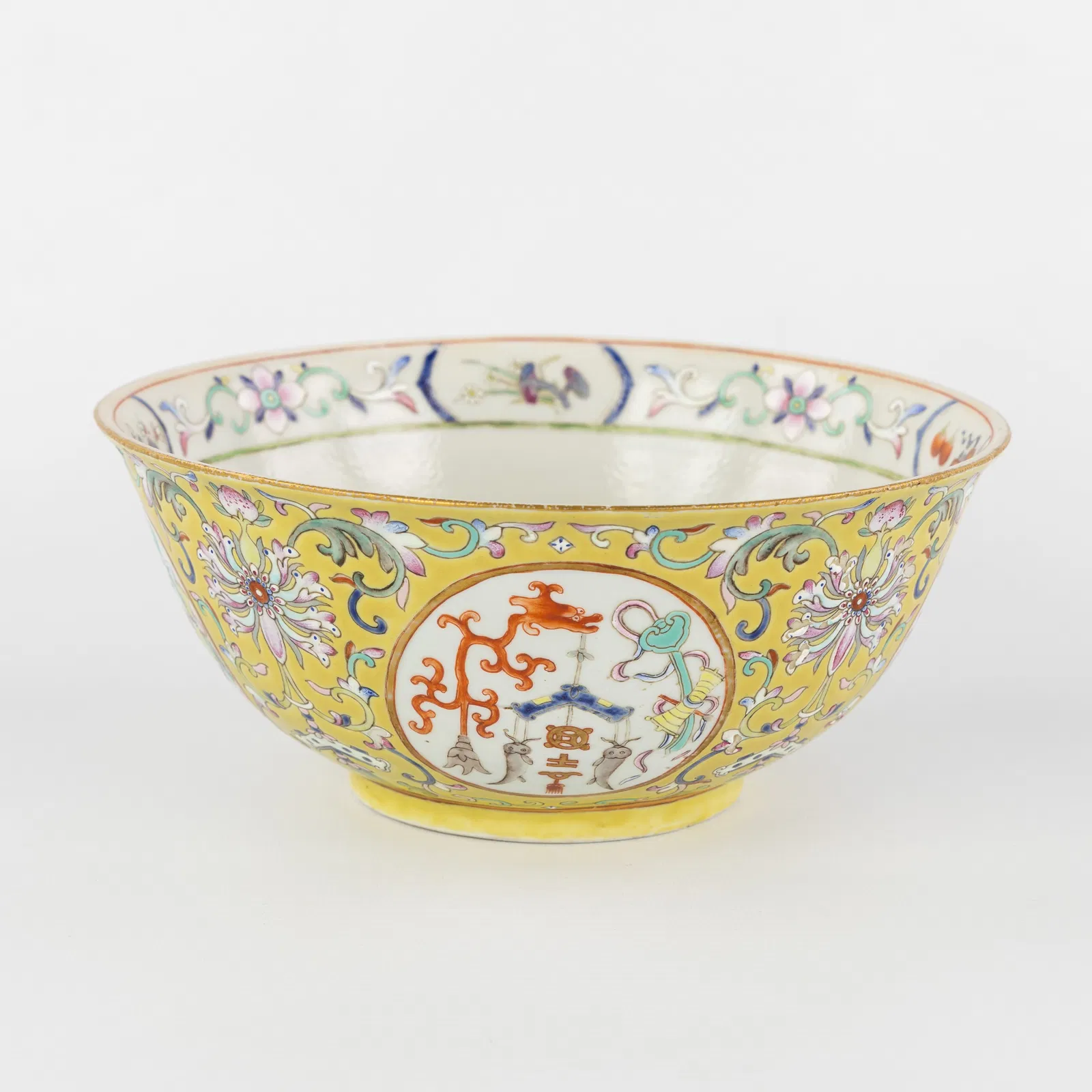 A Chinese Famille Rose Bowl, florally decorated with medallions on a yellow ground, Han Qing Zhai