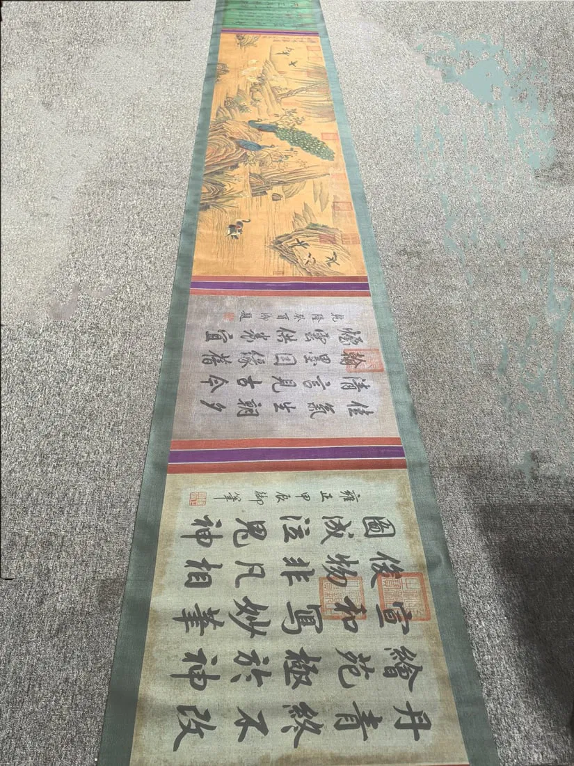 A Chinese Hand Scroll Ink Painting of Flower and Peacock Pattern on Paper