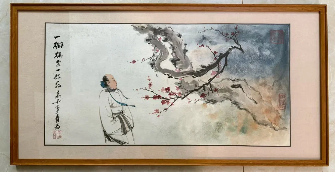 A Chinese Ink Painting of Character and Story on Paper with Frame