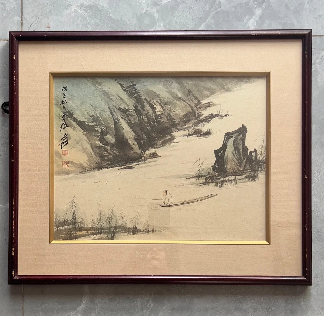 A Chinese Ink Painting of Landscape and Figure on Paper With Frame