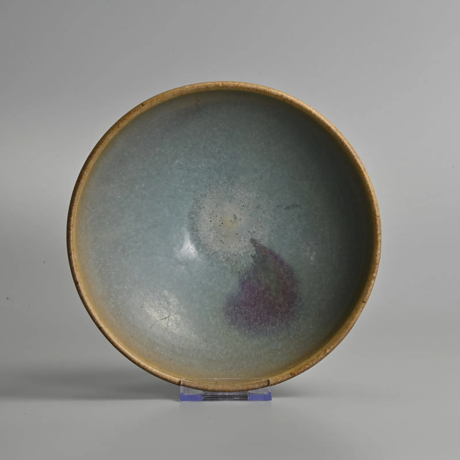 A CHINESE JUNYAO PURPLE SPLASHED POTTERY BOWL WITH INSCRIPTION, SONG / YUAN DYNASTY.