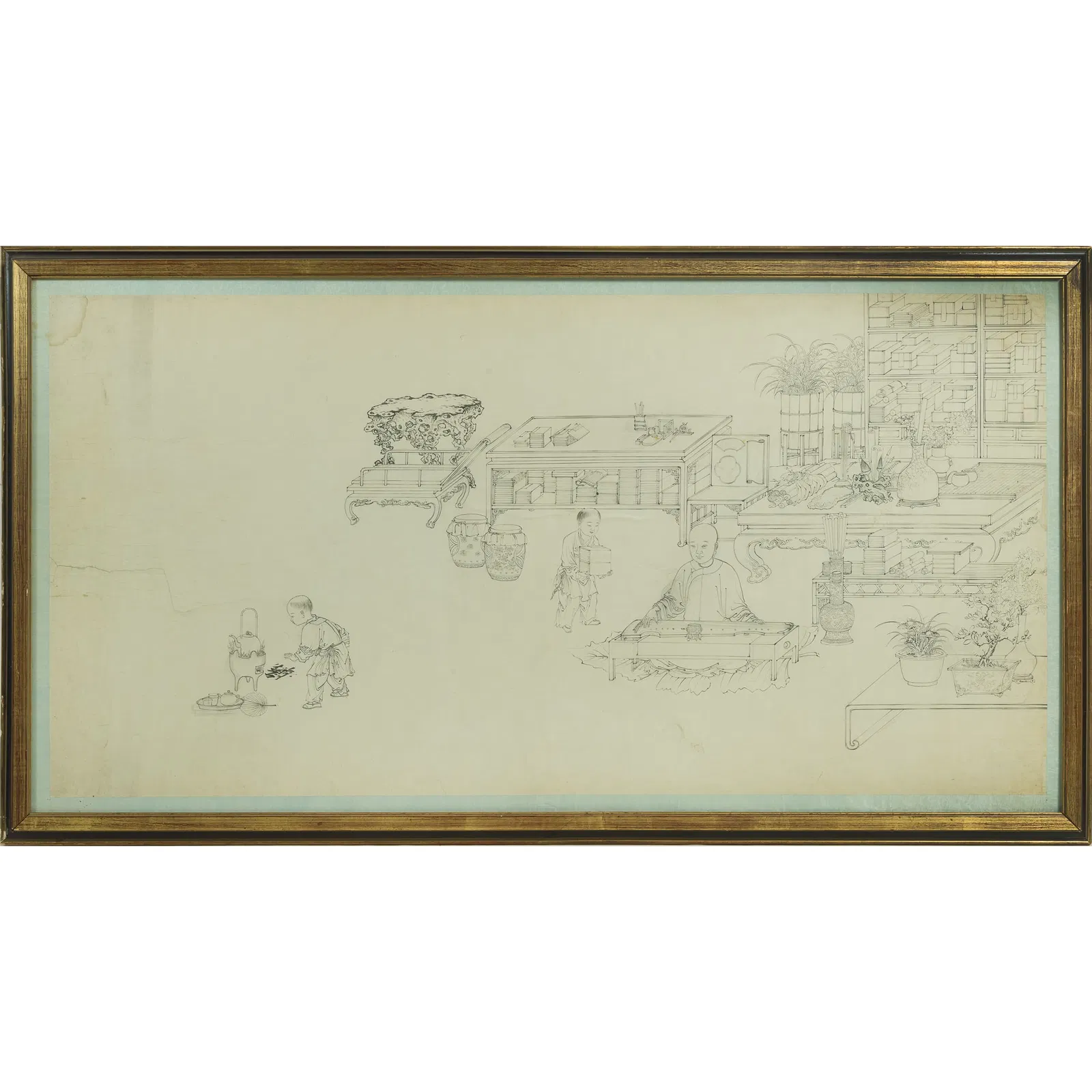 A Chinese line drawing of a scholarly studio