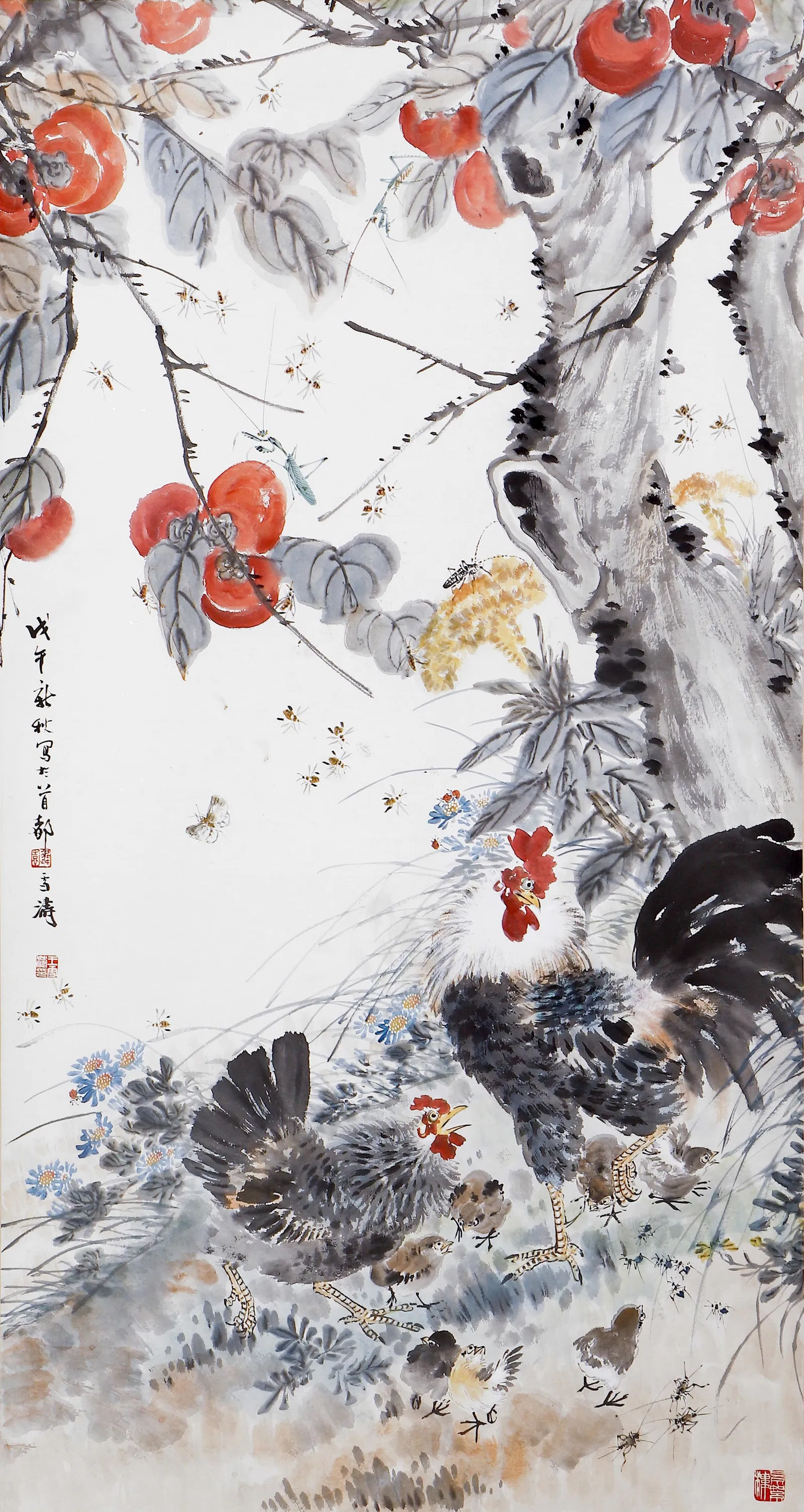 A CHINESE PAINTING OF CHICKENS SIGNED WANG XUETAO