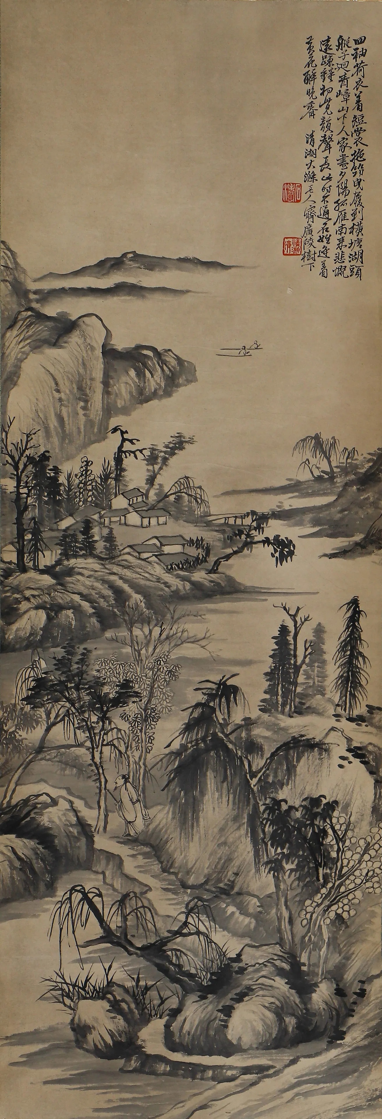 A CHINESE PAINTING OF HUT IN WOOD SIGNED SHITAO