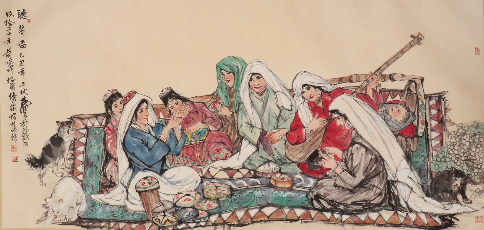 A CHINESE PAINTING OF MINORITY GIRLS SIGNED HUANGZHOU