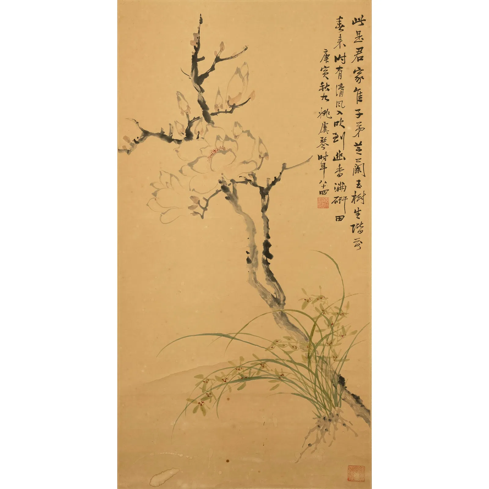 A Chinese painting of orchids and magnolia, by Yao Yuqin (1867-1961)