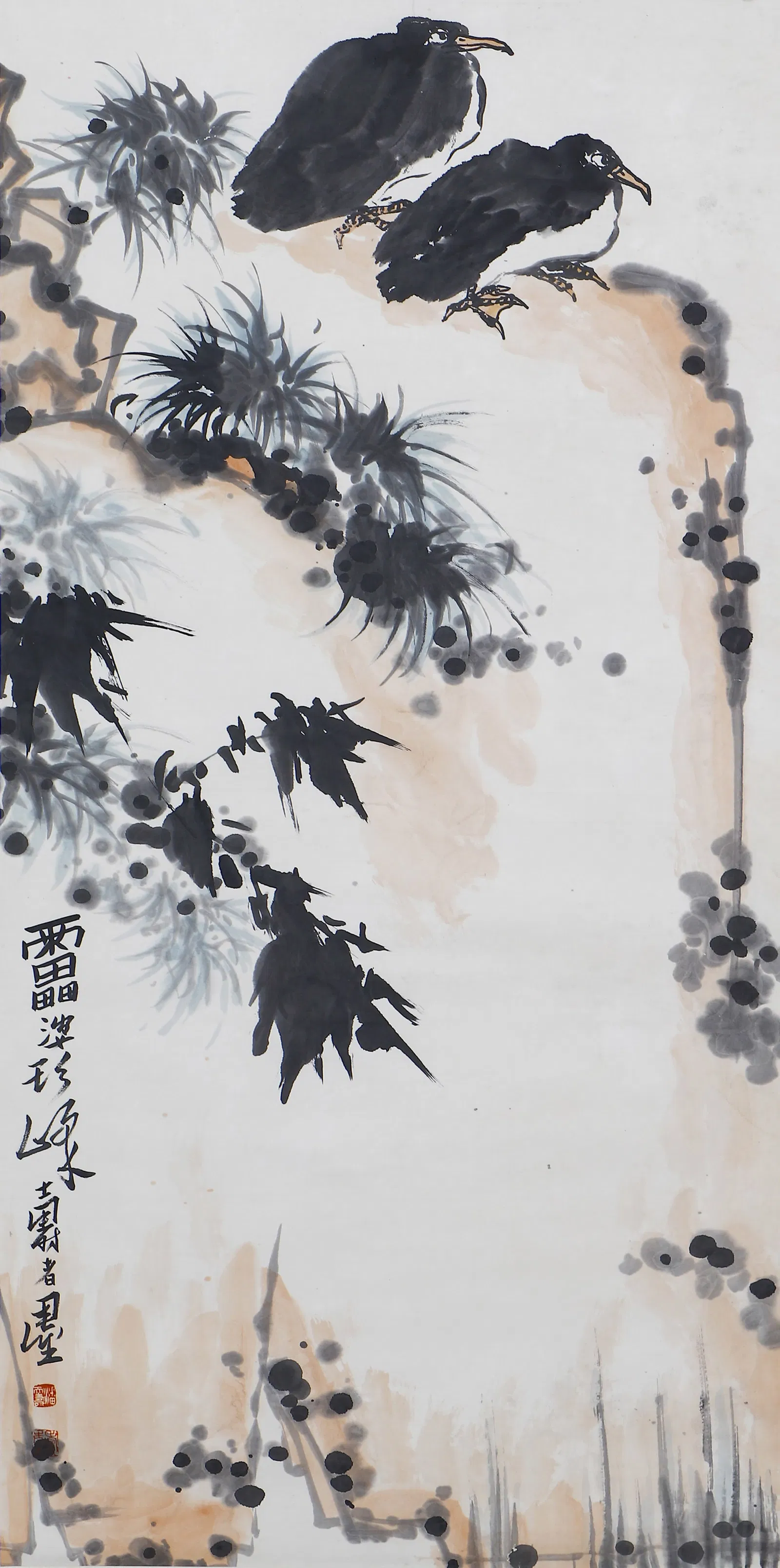 A CHINESE PAINTING OF RAVENS SIGNED PAN TIANSHOU