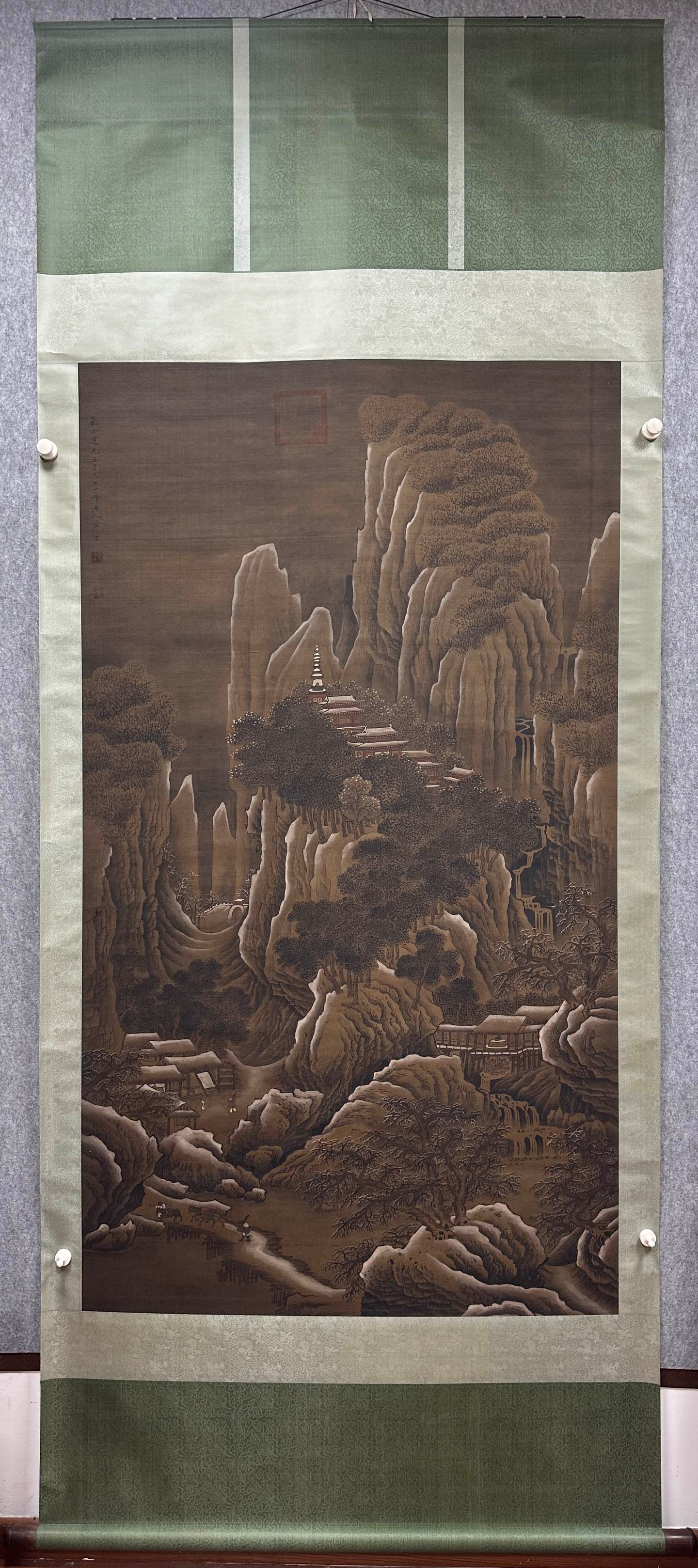 A Chinese Vertical Scroll Ink Landscape Painting on Silk