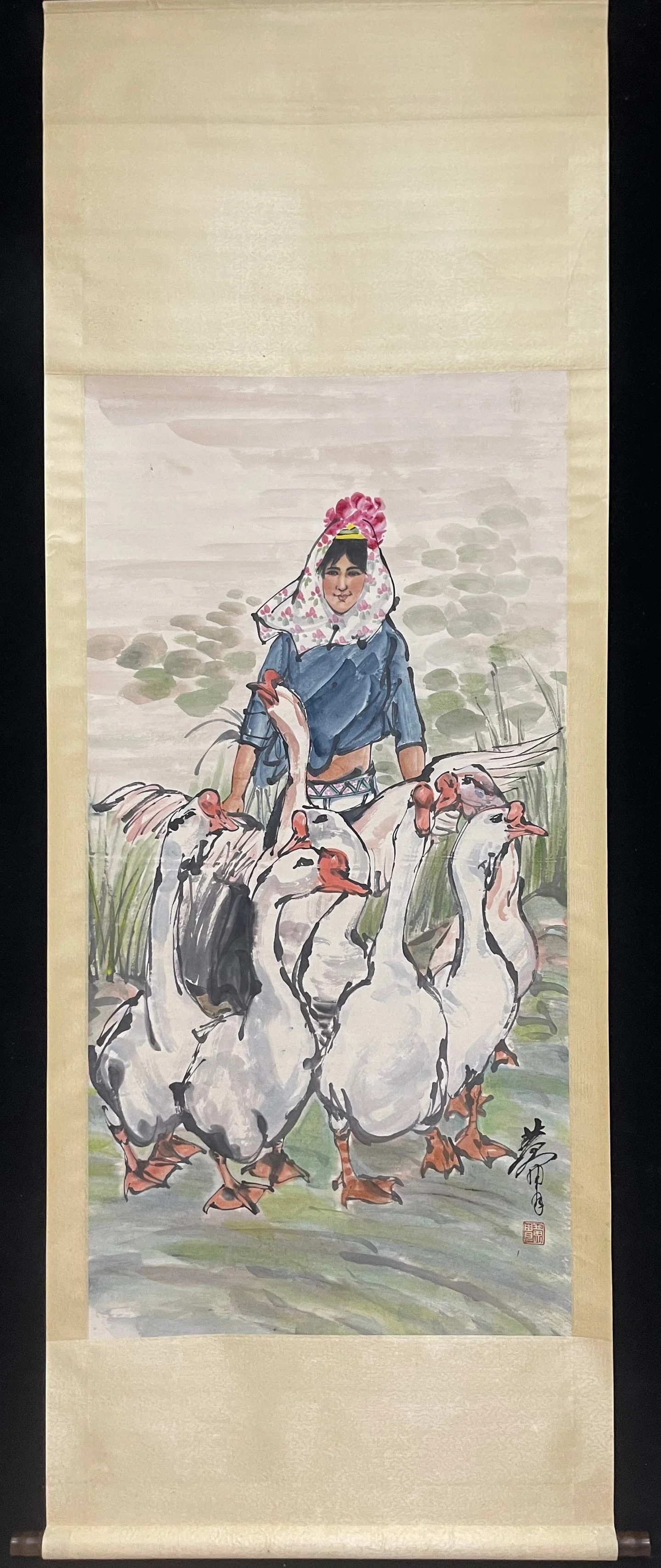 A Chinese Vertical Scroll Ink Painting of Character and Story on Paper