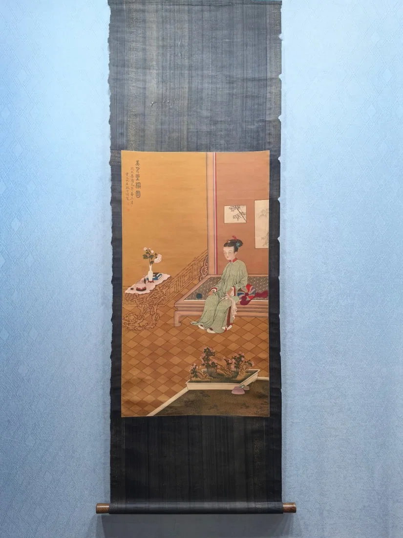 A Chinese Vertical Scroll Ink Painting of Character and Story on Silk