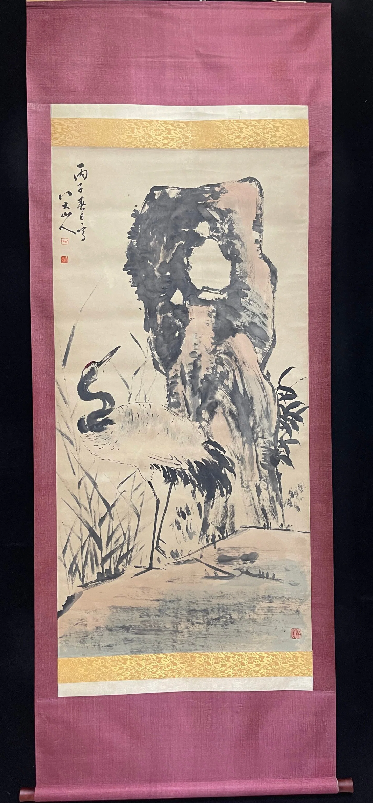 A Chinese Vertical Scroll Ink Painting of Crane on Paper