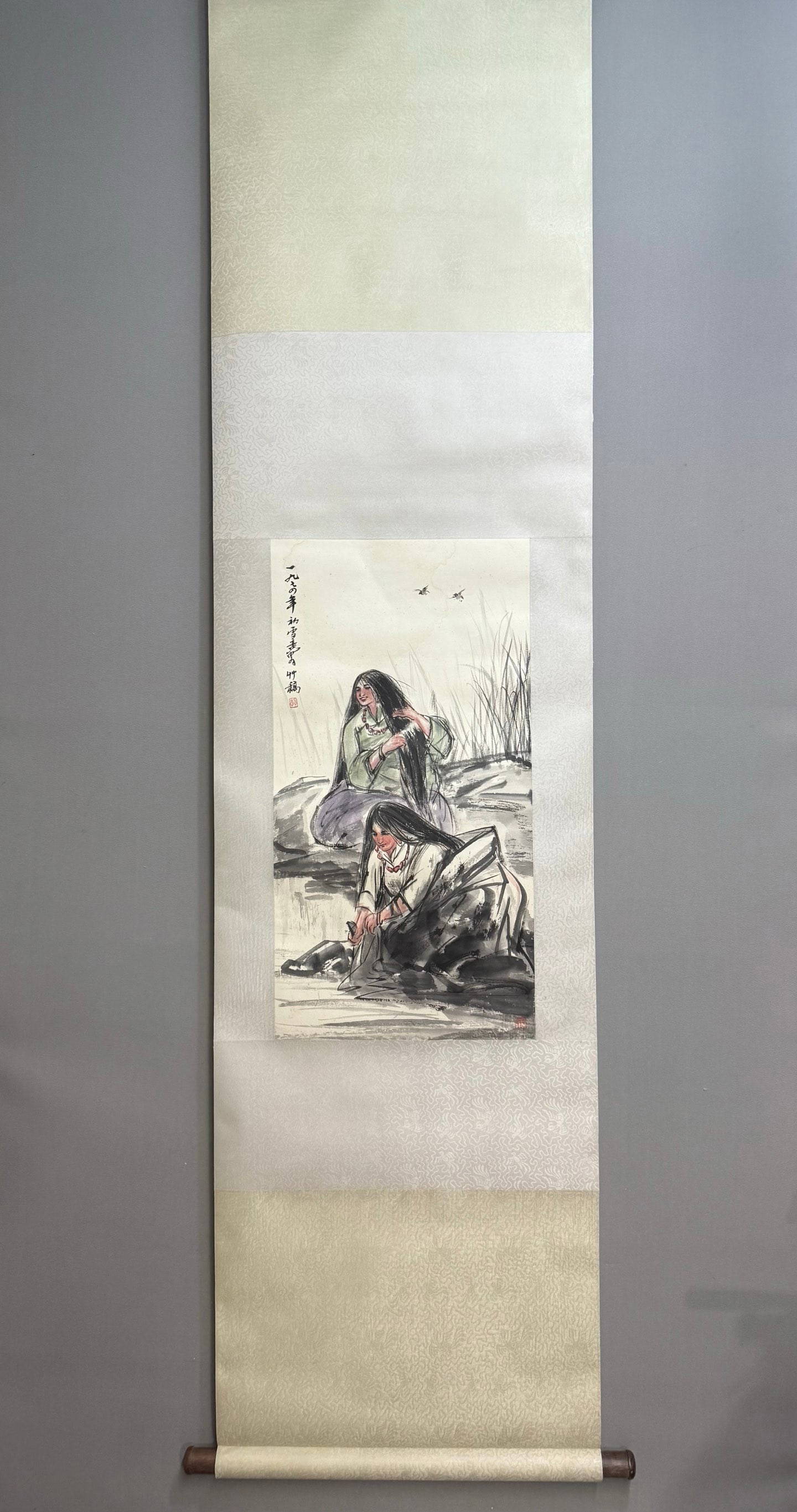 A Chinese Vertical Scroll Ink Painting of Figure and Story on Paper