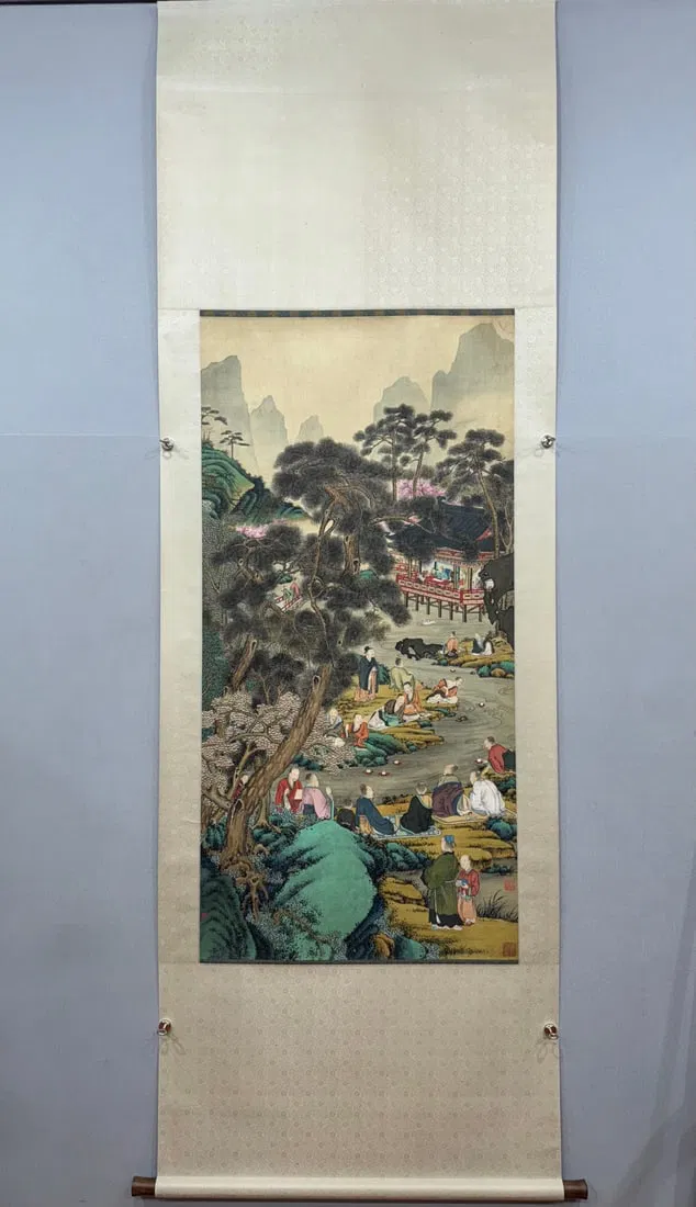 A Chinese Vertical Scroll Ink Painting of Figure and Story on Silk