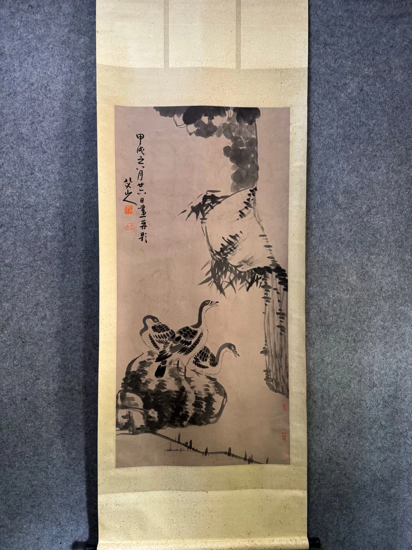 A Chinese Vertical Scroll Ink Painting of Flower and Bird on Paper,Bada Shanren
