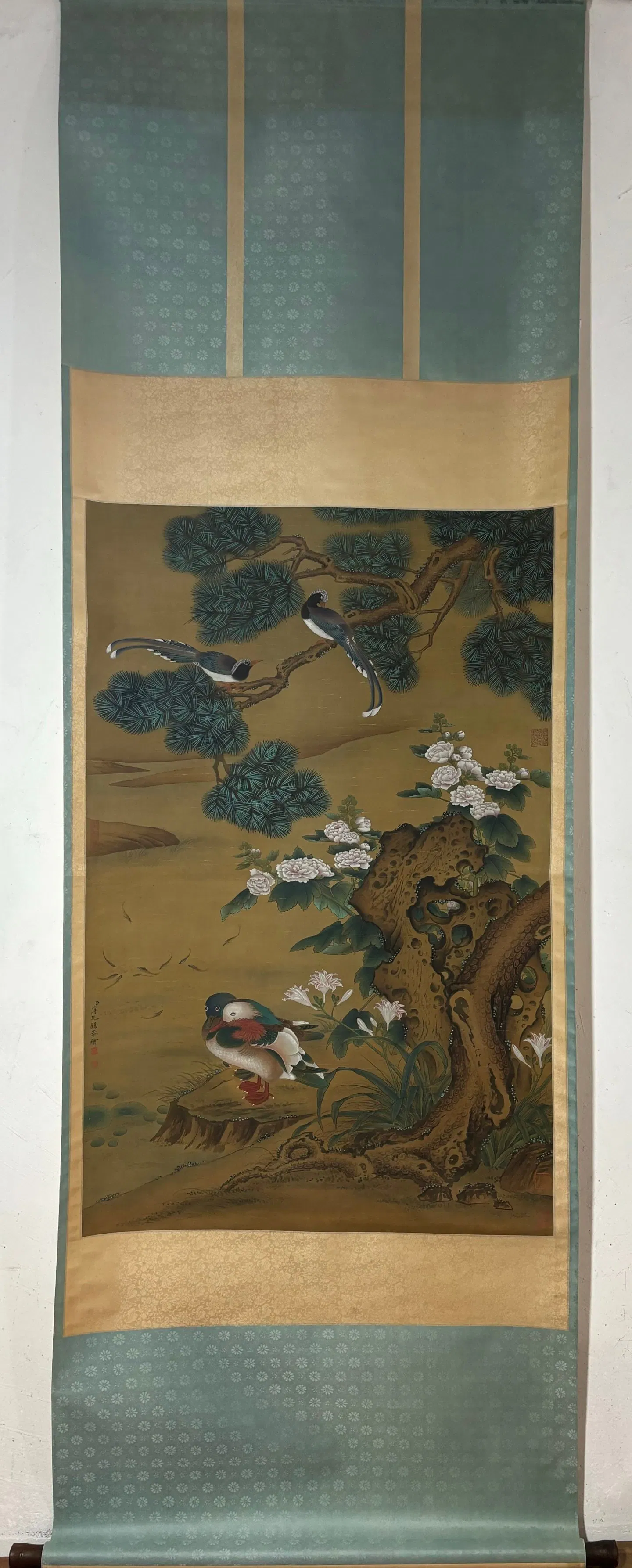 A Chinese Vertical Scroll Ink Painting of Flower and Bird on Silk,Jiang Tingxi