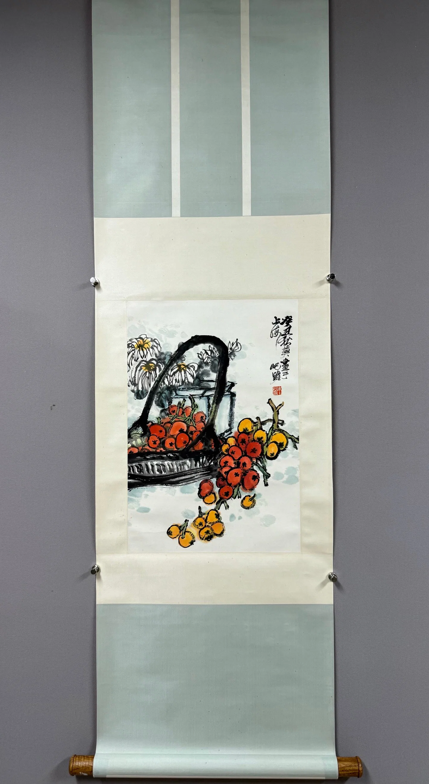 A Chinese Vertical Scroll Ink Painting of Flower and Fruit on Paper
