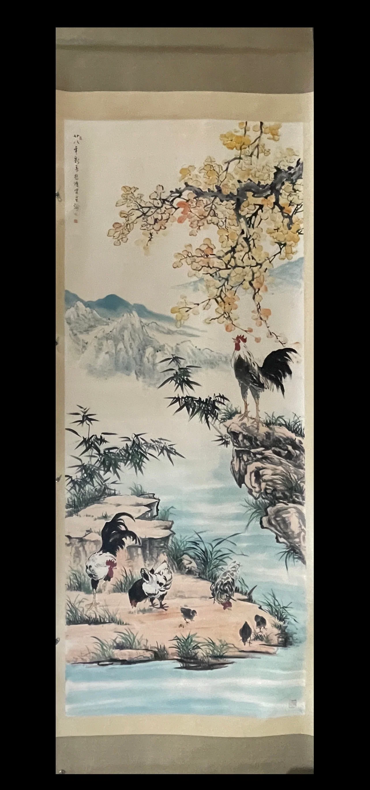 A Chinese Vertical Scroll Ink Painting of Flower and Rooster on Paper
