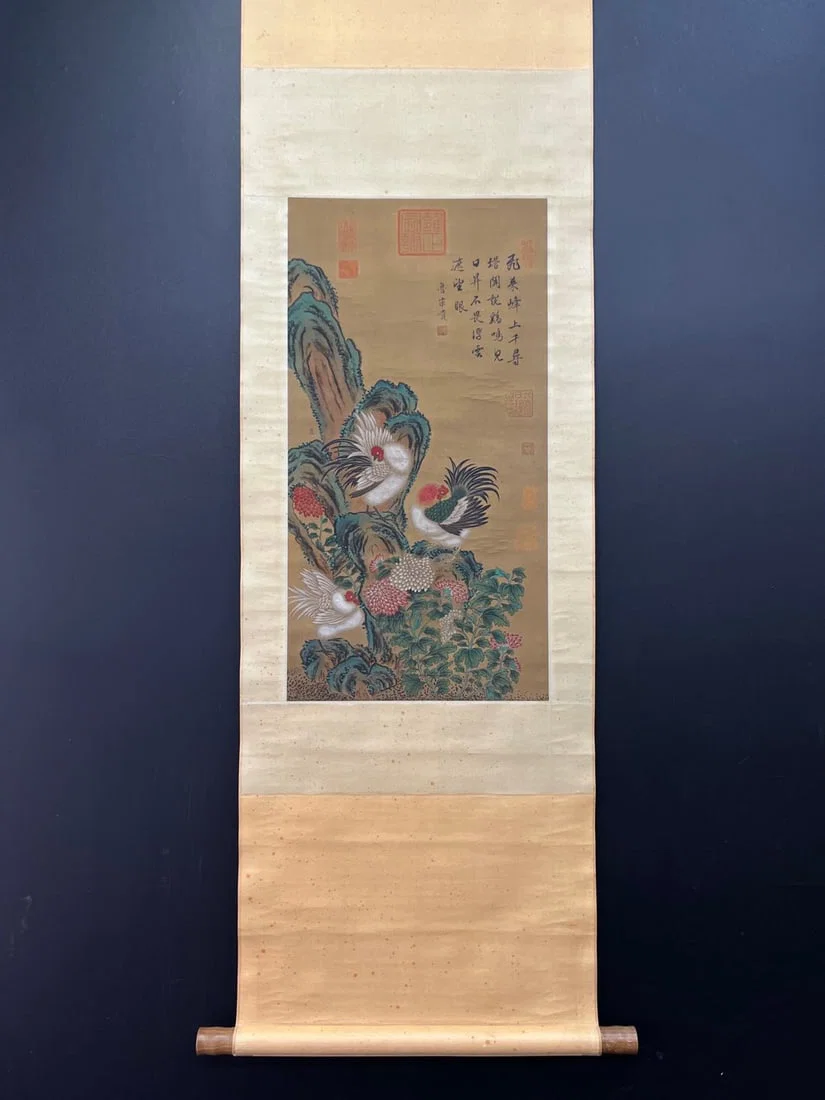 A Chinese Vertical Scroll Ink Painting of Flower and Rooster on Silk,Lu Zonggui