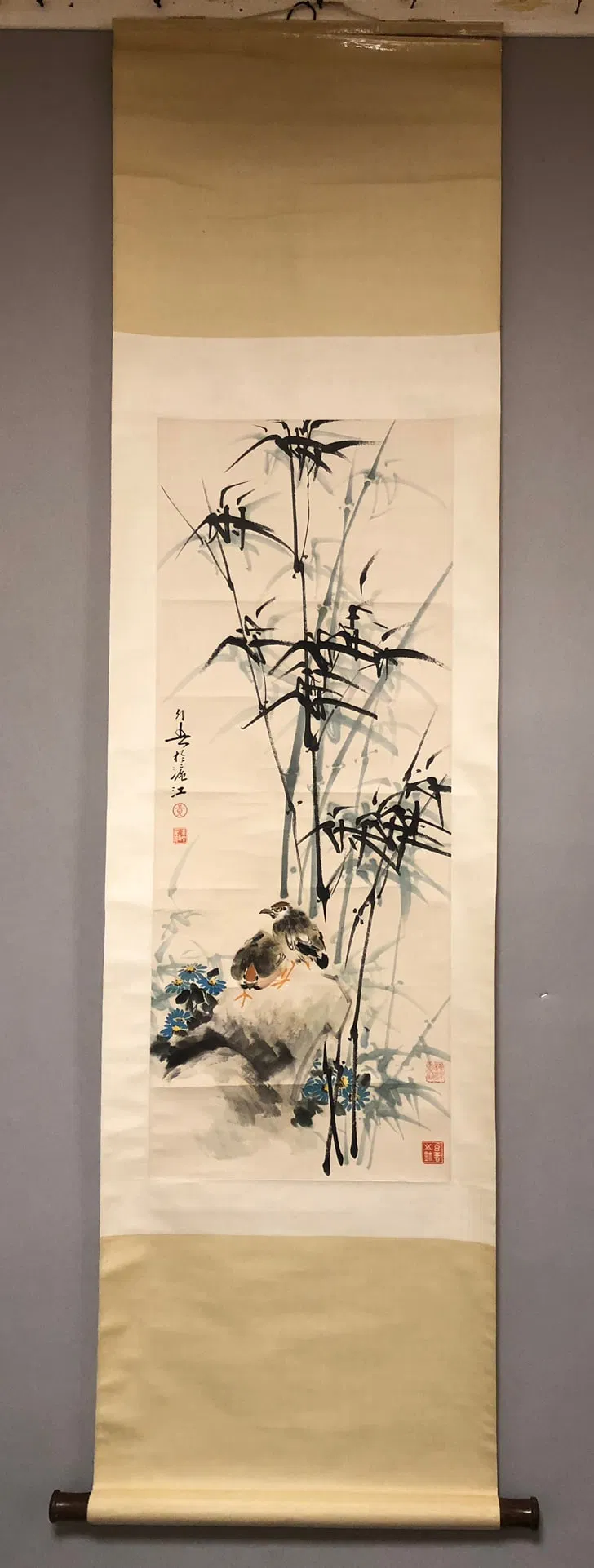 A Chinese Vertical Scroll Ink Painting of Flowers and Birds on Paper