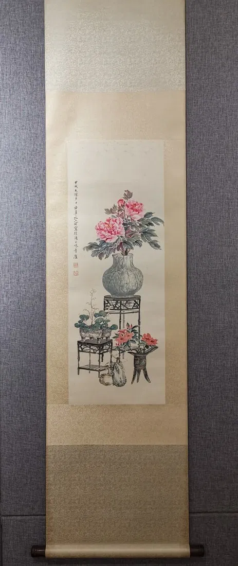 A Chinese Vertical Scroll Ink Painting of Flowers on Paper
