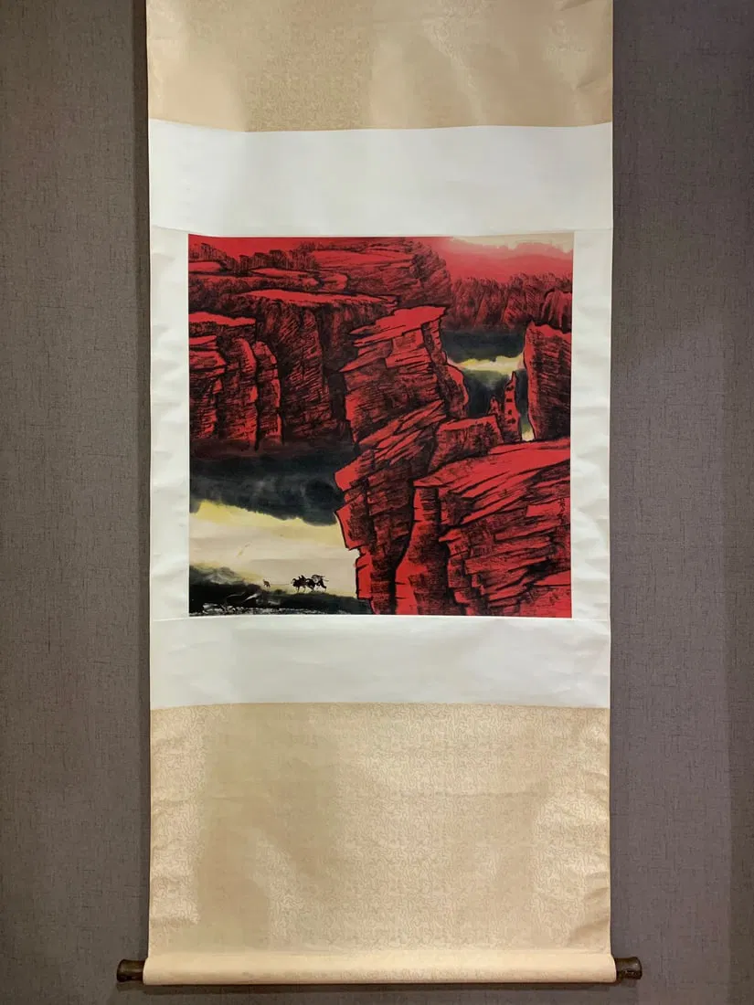 A Chinese Vertical Scroll Ink Painting of Landscape and Figure on Paper