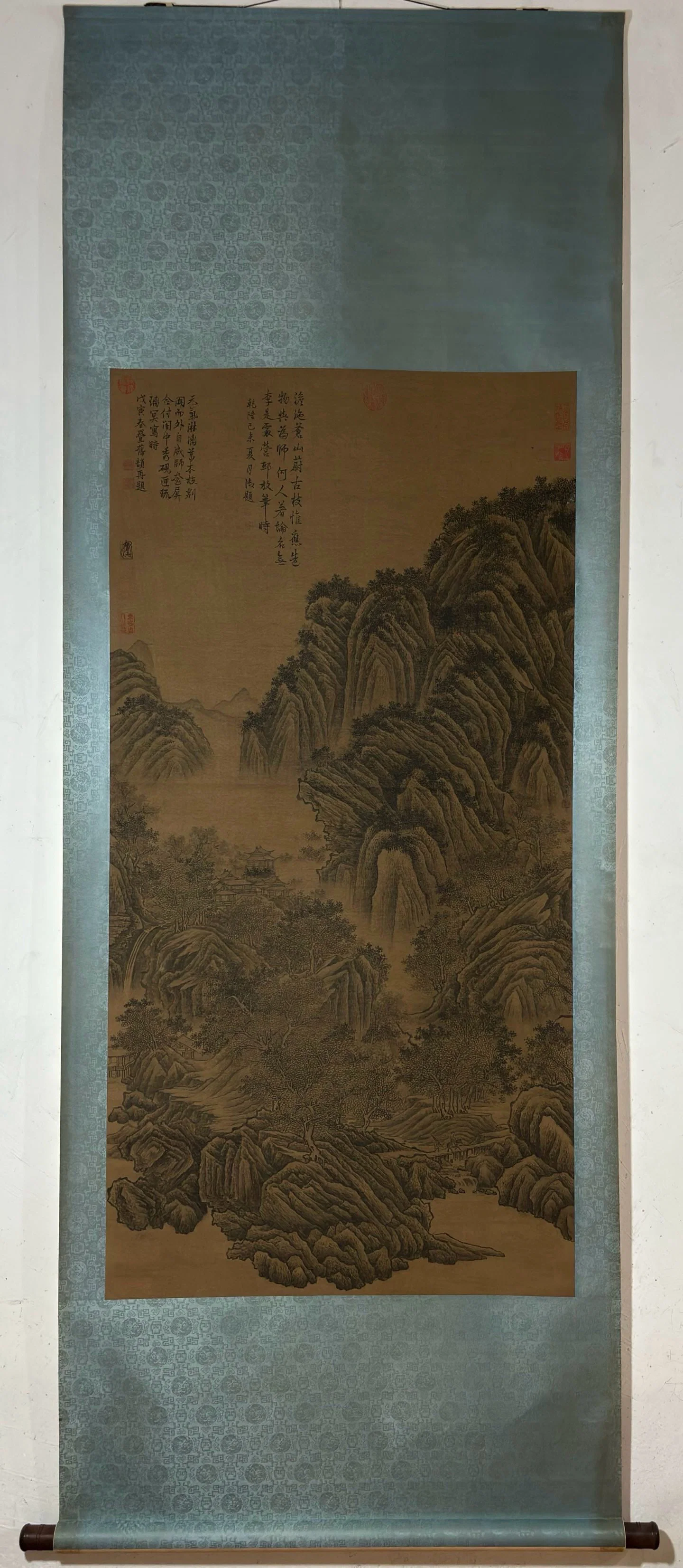 A Chinese Vertical Scroll Ink Painting of Landscape and Figure on Silk,Li Cheng