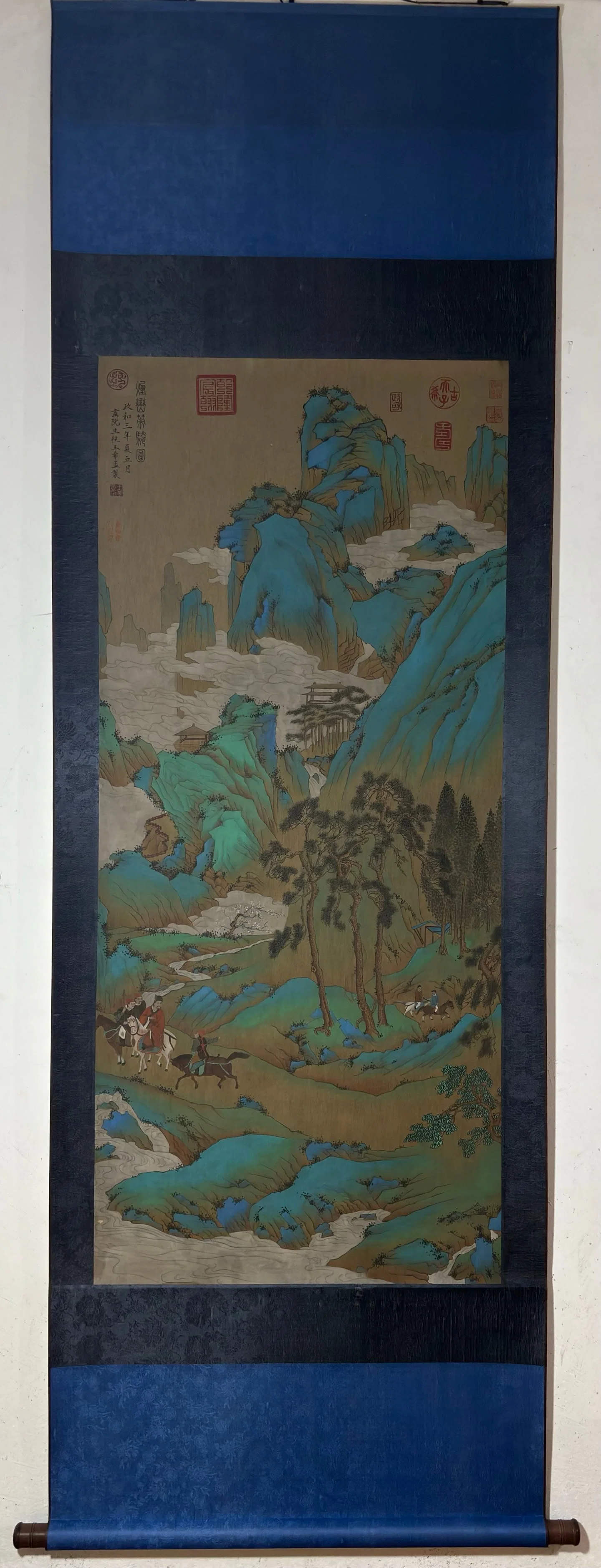 A Chinese Vertical Scroll Ink Painting of Landscape and Figure on Silk,Wang Ximeng