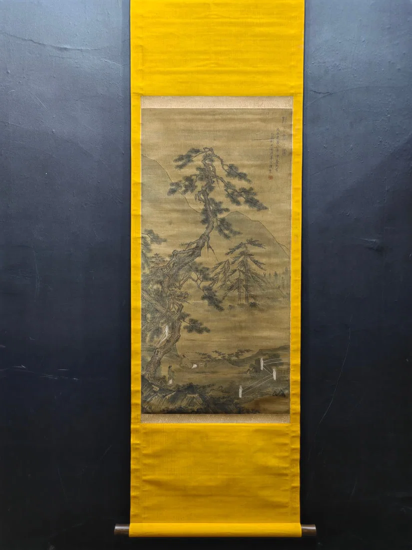 A Chinese Vertical Scroll Ink Painting of Landscape and Figure on Silk