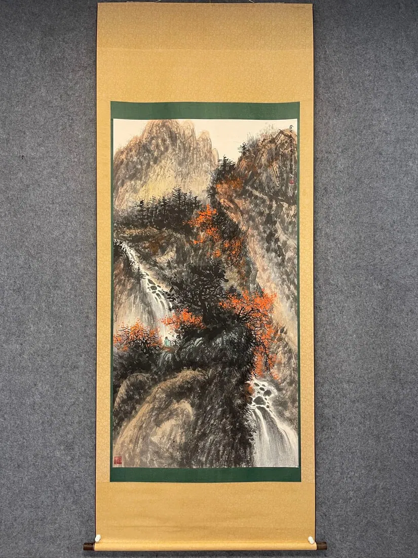 A Chinese Vertical Scroll Ink Painting of Landscape on Paper