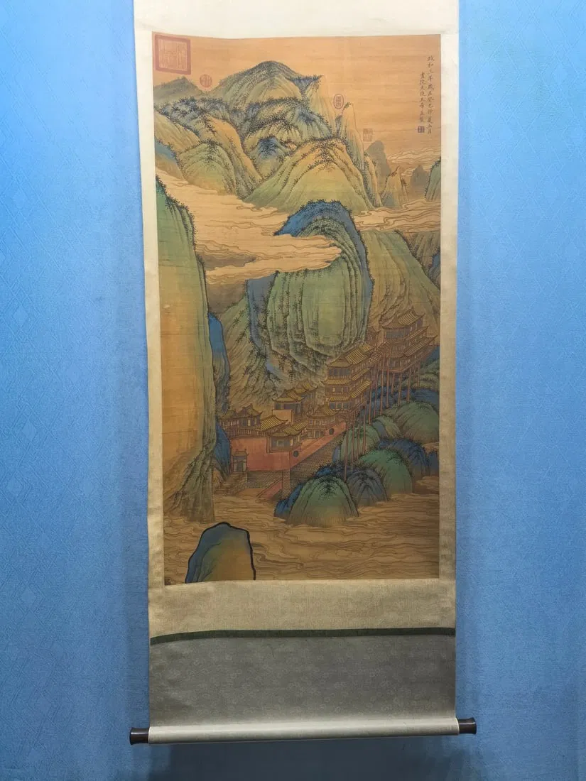 A Chinese Vertical Scroll Ink Painting of Landscape on Silk,Wang Ximeng