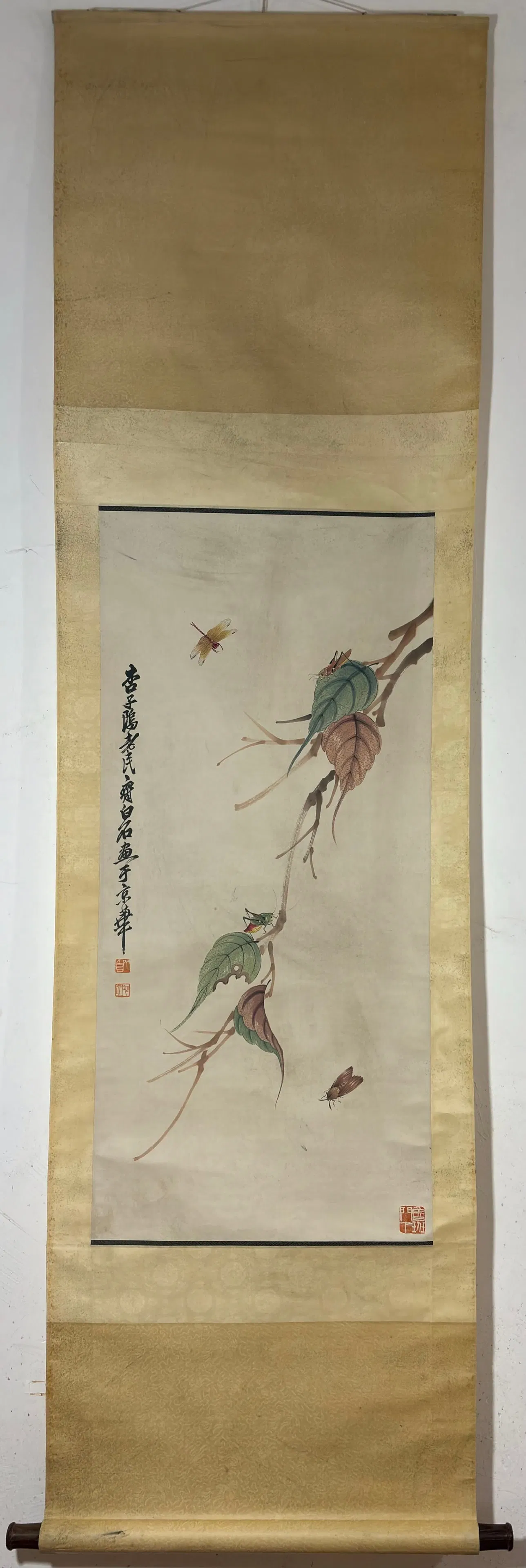 A Chinese Vertical Scroll Ink Painting of Leaf and Insect on Paper,Qi Baishi