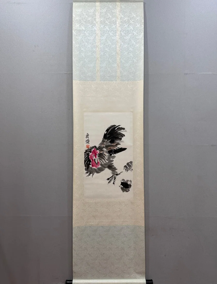 A Chinese Vertical Scroll Ink Painting of Rooster on Paper