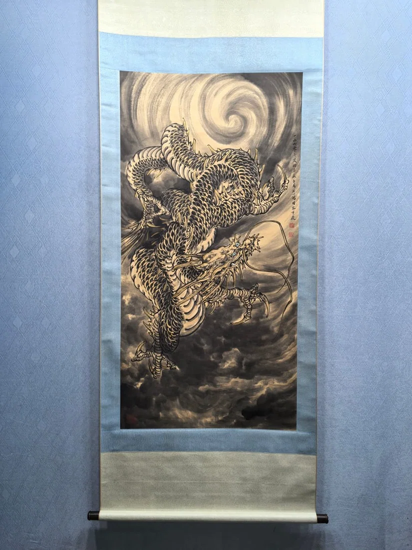 A Chinese Vertical Scroll Ink Painting of Seawater and Dragon on Paper